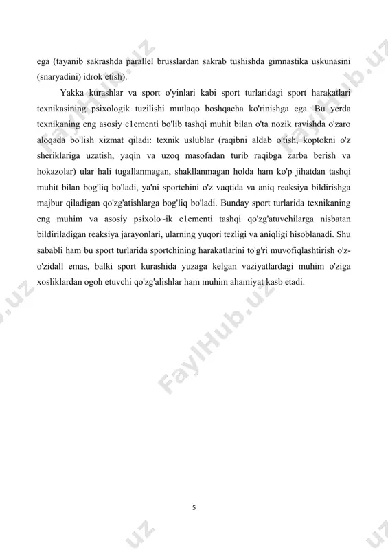 bli ham bu sport turlarida sportchining harakatlarini to'g'ri muvofiqlashtirish o'z-o'zidall emas, balki sport kurashida yuzaga kelgan vaziyatlardagi muhim o'ziga xosliklardan ogoh etuvchi qo'zg'alishlar ham muhim ahamiyat kasb etadi. 1.2. o'quv jarayonida jismoniy mashqlar texnikasini bilish va egallash sportda jismoniy mashqlar texnikasini o'rganish muhim o'rin egallaydi. jismoniy mashqlar texnikasini bilish o'ta murakkab jarayondir. l-sxemaga qarang. nutq-mantiqiy tafakkur jismoniy mashqlar texnikasini o'zgartirish psixologiyasi tartiblash tuyg'ular orqali bilish harakatlar tizimini o'rganish jarayoni 1-sxema. jismoniy mashqlar texnikasini bilish jarayoni sxemadan ko'rinib turganidek, jismoniy mashqlar texnikasini bilishjarayoni psixologik nuqtai nazardan muayyan mashqlartarkibiga kiruvchi xatti-harakatlar tizimi va ular orasidagi o'zaro aloqadorlik qonuniyatlarini o'rganishdan iborat. bu fikr mashqlarning shakliga ham, mazmuniga ham bir xilda tegishli. mashqlar texnikasini o'rganish ularni amalda egallashning zaruriy shartidir. bu o'rganish birinchi galda tuyg'ular orqali, ya'ni sezgi va idroklar orqali bilishdan iborat. bu jarayon mashqning bajarilishini o'qituvchi yoki boshqa sportchilar tomonidan tomoshabin sifatida qabul qilish, mashqning kinogrammalari yoki video yozuvlarini ko'rish paytida amalga …