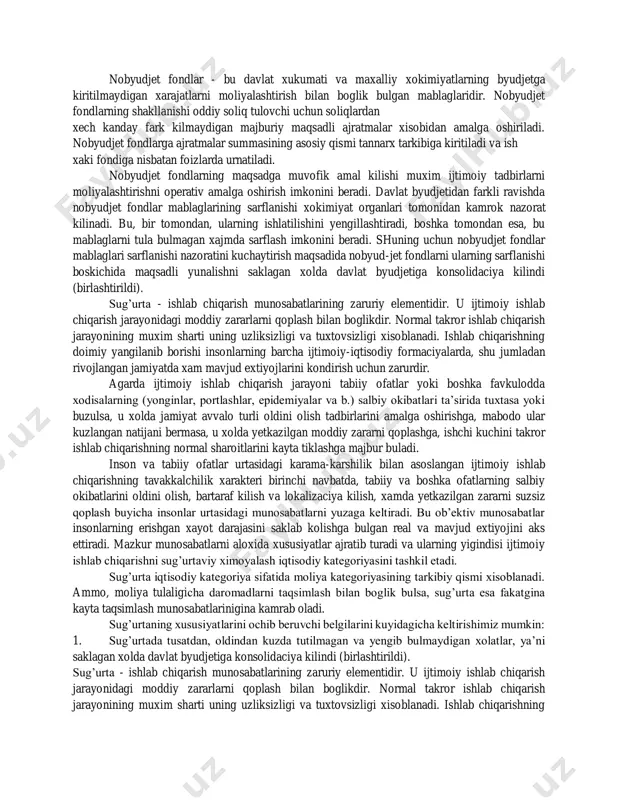loxida gurux va katlamlari urtasida kayta taqsimlashda yetakchi rol uynaydi. moliyaviy resurslardan samarali foydalanish davlatning faol moliyaviy siyosati asosidagina mumkin buladi. moliya tizimi orkali davlat markazlashgan va markazlashmagan pul fondlarini, jamgarish va iste’mol fondlarini soliqlar, davlat byudjeti xarajatlari, davlat kreditini kullash bilan shakllantirishga ta’sir utkazadi. davlat byudjeti moliya tizimining bosh bugini xisoblanadi. u davlat boshkaruv organlari funkciyalarini ta’minlash uchun markazlashgan pul fondlarini shakllantirish va ishlatish shaklidir. davlat byudjeti mamlakatning asosiy moliyaviy rejasi xisoblanadi va konuniy tarzda oliy majlis tomonidan tasdiklanadi. davlat byudjeti orkali davlat xalk xujaligi tarakkiyotini, ijtimoiy- madaniy tadbirlarni, mudofaani, davlat xokimiyat va boshkaruv organlarini saklashni moliyalashtiradi. nobyudjet fondlar - bu davlat xukumati va maxalliy xokimiyatlarning byudjetga kiritilmaydigan xarajatlarni moliyalashtirish bilan boglik bulgan mablaglaridir. nobyudjet fondlarning shakllanishi oddiy soliq tulovchi uchun soliqlardan xech kanday fark kilmaydigan majburiy maqsadli ajratmalar xisobidan amalga oshiriladi. nobyudjet fondlarga ajratmalar summasining asosiy qismi tannarx tarkibiga kiritiladi va ish xaki fondiga nisbatan foizlarda urnatiladi. nobyudjet …