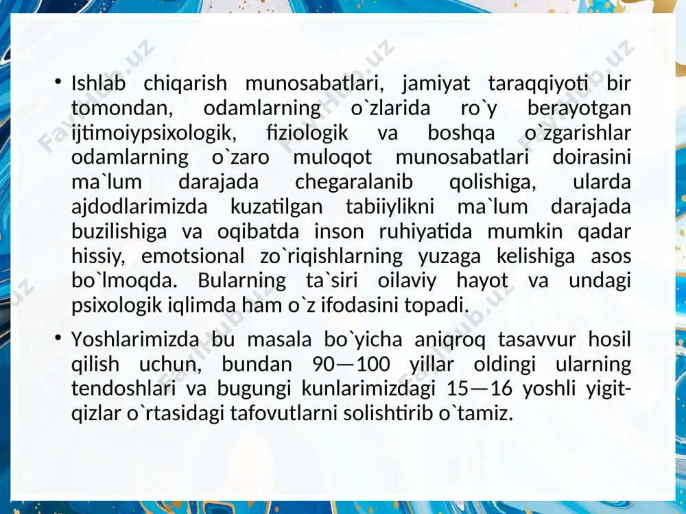 etgunlariga qadar boqish va tarbiyalashga majburdirlar. davlat va jamiyat yetim bolalarni boqish, tarbiyalash va o`qitishni ta`minlaydi, bolalarga bag`ishlangan xayriya faoliyatlarini rag`batlantiradi. farzandlar ota-onalarning nasl-nasabidan va fuqarolik holatidan qat`i nazar, qonun oldida tengdirlar. x u l o s a oilalarning mustahkamligi jamiyatning iqtisodiy, ijtimoiy, siyosiy, milliy xavfsizligini, uning ravnaqi, taraqqiyotini belgilovchi hal qiluvchi omil hisoblanadi. hozirgi vaqtda jamiyatimiz uchun, insoniyat taraqqiyoti uchun, mustaqilligimiz istiqbollari uchun jiddiy xavf tug`dirayotgan iqtisodiy, ijtimoiy, siyosiy, ekologik, ichki va tashqi omillarning tahdidi ortib borayotgan ayni vaqtda oilalar mustahkamligini ta`minlash va bu masalani to`g`ri hal etilishining asosiy yo`li bo`lmish yoshlarni oilaviy hayotga tayyorlash masalasi hech kechiktirib bo`lmaydigan, sustkashlikka yo`l qo`yib bo`lmaydigan, o`ta jiddiy yondashishlarni talab etuvchi davlat, hukumat miqyosidagi dolzarb masaladir. buning muvaffaqiyatli amalga oshishiga jamiyatimizning har bir fuqarosi, siz o`quvchilar, ota-onalar hamma birdek mas`uldir. bu masala hech qachon kun tartibidan tushmaydigan, o`z dolzarbligini hech qachon yo`qotmaydigan o`ta nozik, nihoyatda jiddiy masaladir. chunki insoniyat va jamiyatimiz taraqqiyoti …