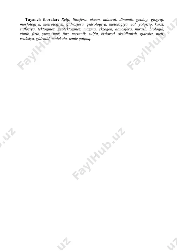 slanib, yer morfologiyasi qonuniyatlarini yer yuzasining xozirgi ko`rinishiga qarab geografik nuqtai nazardan tekshiradilar. geologik jarayonlar yerning xamma qatlamlarida va ularning bir-biriga yondosh chegaralarida xam litosfera chegarasida eol jarayonlar, gidrosfera va litosfera chegarasida denudatsiya, eroziya, abraziya jarayonlari yuz beradi. yer qatlamlari ichida esa, yer osti suvlvri harakat qiladi, ya`ni gidrogeologik jarayonlar ( karst, suffoziya, cho`kish va boshqalar) yuz beradi. yer po`stidagi harakatlar geologiyada tektogenez yoki kengroq qilib aytganda geotektogenez deb ataladi. magmaning hosil bo`lishi, xarakati, qotishi va aralashish jarayonlari magmatizm deb ataladi. geologik jarayonlar haqida so`z yuritganimizda eng avvalo ekzogen geologik jarayonlar haqida to`xtalamiz. ekzogen jarayonlar deyilganda yer yuzasida ya`ni atmosfera bilan litosfera chegarasida boradigan jarayonlar tushiniladi. issiqlik almashinuvi. atmosferaning yer yuzasiga ta`sirida eng avvalo issiqlik almashinuvi kuzatiladi. atmosfera quyosh radiatsiyasini 15% atrofida, yer yuzasi esa 43 % iga yakinini uziga yutadi. shu sababli yer yuzasining kunduzi va kechasi keskin temperaturasini o`zgarib ketishidan atmosfera saqlab turadi. atmosfera doimiy harakatda va bu …