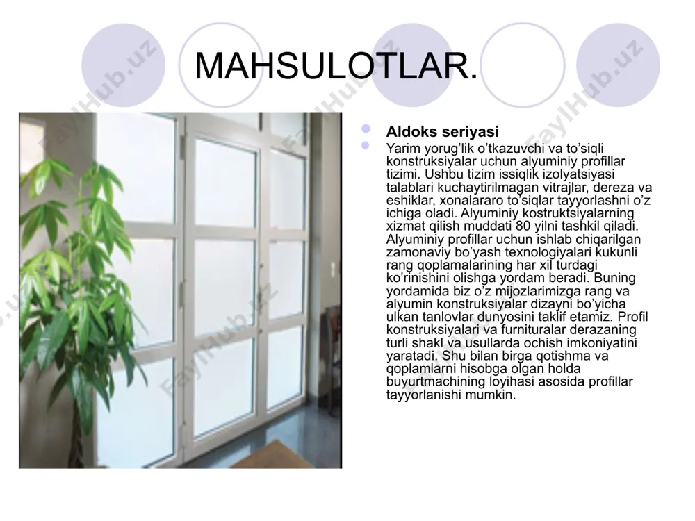 rida barcha stvorkalar harakatlanib, oynlsh esa bitta oyna yoki oyna paketidan iborat bo’lishi mumkin. bunday oynalarga, shuningdek, moskit setkalar ham o’rnatish mumkin bo’ladi. alyumin konstruksiyalar ingichka shaklga ega bo’lib, maksimal darajada yorug’lik o’tkazadi. bundan tashqari, buyurtmachining istagiga qarrab deraza ranglari ham tanlanishi mumkin. avtomatik eshiklar uchun profillar seriyasi so’nggi paytlarda avtomatik eshiklar deyarli barcha supermarket, gipermarket, kinoteatrlar, biznes markazlar hamda muhtasham uylarning kirish qismlariga o’rnatilgan. shuningdek, ushbu turdagi eshiklarni aeroport va yirik mehmonxonalarda ham ko’rishimiz mumkin avtomatik eshiklar kundan-kunga ommalashib, ularga bo’lgan talab yirik va kirish qismi keng binolar qurilishi ko’paygan sayin parallel ravishda ortib bormoqda. avtomatik eshiklar, bugungi kunda, zamonaviy bino, nufuz va qulaylikning ramziga aylandi desak xato bo’lmaydi. hozirda ko’zimiz o’rgangan, mehmonlar uchun o’zi ochilib yopiladigan avtomatik eshiklar o’rnatilgan joylar o’rnida oddiy eshiklarni tasavvur qilish juda qiyin. avtomatik eshiklar shunisi bilan qulayki, ularni harakatga keltirish uchun jismoniy kuch sarflanmaydi. bu esa jismoniy imkoniyatlari cheklangan kishilar, qariyalar va bolalar …