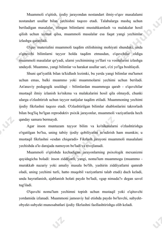 ida talabalar mustaqil ravishda muammoni ifoda etadilar va uni yechadilar {kurs yoki bitiruv ishlarida, ilmiy tadqiqot ishlarida) va o'qituvchi nazorati bilan yakunlanadi, bu esa 4-darajali mahsuldorlik faoliyatini (ijod) va 4-darajali eng samarali, mustahkam bilimni (bilim-qayta shakllanish) egallashni ta'minlaydi. tabaqalashtirilgan o'qitish texnologiyasi tabaqalashtirilgan o'qitish o'quv jarayonining tashkil etishni bu shakli umumiy didaktika tizimiga asoslangan bo'lib, maxsus tashkil ettirilgan talabalaming gomogen guruhlarida, o'quv jarayonini maxsuslashtirishni ta'minlaydi (3.5-rasm, 3.6-rasm), o'qitishni tabaqalash bu tushuncha o'qitish jarayonini o'zi bilan bog'liq) - uslubiy, psixologik-pedagogik va tashkiliy-boshqaruv tadbirlar majmuasi asosida tuzilgan turli xildagi gomogen gurahlarda o'qitish uchun turli xil shart-sharoitlarni yaratish demakdir. oliy, o'rta maxsus va kasb-hunar ta'lim tizimida gomogen guruhlar, talabalaming individual-psixologik xususiyatlari, avvalo aqliy rivojlanish darajasi asosida tuziladi. 3.6-rasm. tabaqalashtirilgan o'qitishning texnologik sxemasi umumta'lim maktablarida, akademik litseylarda va kasb-hunar kollejlarida talabalaming aqliy rivojianish darajasi bo'yicha tabaqalashning ijobiy tomonlari bilan bir qatorda salbiy tomonlari ham mavjud bo'ladi. oliy maktab uchun esa bu o'qitish tizimiga hech qanday …