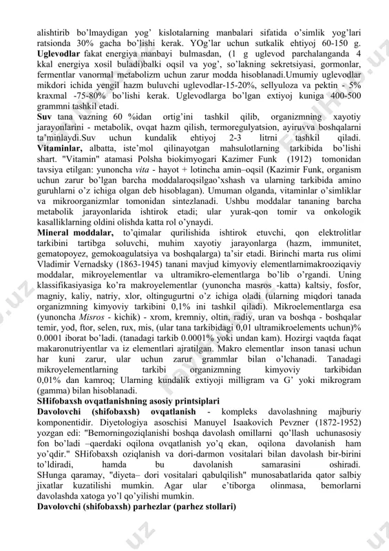 va uglevodlar o’rtasidagi nisbat yosh yigit va qizlar uchun normada: 1:1, 1:4.1, og’ir jismoniy mehnat bilan shug’ullanuvchilar uchun - 1: 1,3: 5. bir birlik uchun hisob-kitoblarda oqsillarni miqdori qabul qilingan. misol uchun, agar taomda 90 g oqsil, 81 g yog, va 450 g uglevod bo’lsa, nisbat 1: 0,9: 5 bo’ladi. terapevtik parhezlarda, agar kerak bo’lsa, oqsillar, yog’lar yoki uglevodlar nisbati o’zgartiriladi. assimilyatsiya uchun maqbul bo’lgan kaltsiy, fosfor va magniy nisbati 1: 1.5: 0.5. oqsillar barcha muhim jarayonlarda ishtirok etadi: gormonlar, gemoglobin, vitaminlar va fermentlar sintezi uchun moddiy ta’minot, muhim aminokislotalar manbai bo’lib hisoblanadi. oqsillar plazma muhitning, miya va oshqozon suyuqligi, ichak sekretsiyasida doimiy reaktsiyasini saqlab turishda ishtirok etadi. hayvon oqsillari sutkalik oqsillarning 55-60 foizini tashkil qilishi kerak. oqsillar uchun sutkalik ehtiyoj100 g. yog’lar metabolik jarayonlarda qatnashadi, hujayra va to’qimalarning tarkibiy qismiga kiradi; ular qimmatbaxo energiya manbaibo’lib xizmat qiladi - 1 g yog’ parchalanganda 9 kkal energiya hosil bo’ladi. yog’larning umumiy …