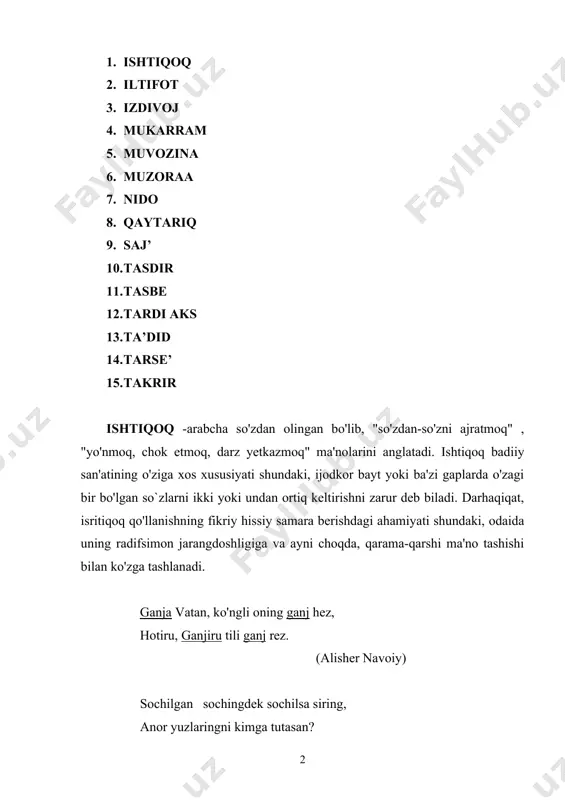 undan ortiq keltirishni zarur deb biladi. darhaqiqat, isritiqoq qo'llanishning fikriy hissiy samara berishdagi ahamiyati shundaki, odaida uning radifsimon jarangdoshligiga va ayni choqda, qarama-qarshi ma'no tashishi bilan ko'zga tashlanadi. ganja vatan, ko'ngli oning ganj hez, hotiru, ganjiru tili ganj rez. (alisher navoiy) sochilgan sochingdek sochilsa siring, anor yuzlaringni kimga tutasan? san na javr etmak tilarsan istagumdir oni man, kim muhibg'a ha na mahbub aylasa mahbub erur. (ogahiy) iltifot - arabchadan "lutf" demakdir. bu san'atda shoir bayonu tasvir vaqlida gap shaxsini o'zgartirib boradi. bu nutqqa xilma-xillik bag'ishlab, uni zerikarli bo`lishidan saqlaydi, kitobxon e'tiborini qattiq jalb qilib, uning zavqini kuchaytiradi. shahni ul jom qildi bodaparast, ichmayin boda andin bo'ldi mast. bu baytda gap shaxsi birinchi shaxsdan ikkinchi shaxsga ko'chirilgan. iltifotda she'rning ovoz maromi birdan keskin o'zgarib ketadi. voy, yuz ming voy, yuz bo'ldim firibi qirqqa, hokimi dizzax mutiyu payravi jurqundiman. izdivoj -atamasi arabcha so'z bo'lib, uning lug'aviy ma'nosi "er-u xotin bo'lisir , "juftlab …