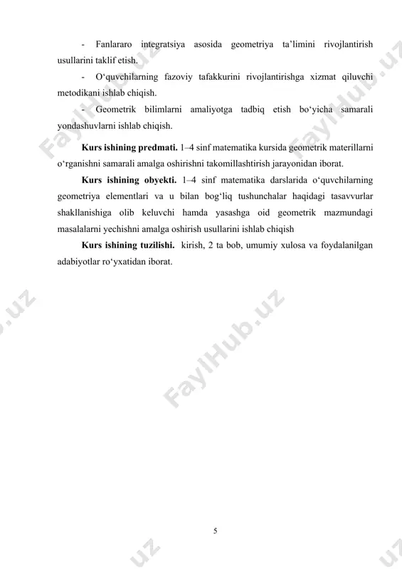 i boshlang‘ich sinflarda o‘rganishga bag‘ishlangan eng qiziqarli izlanishlarga kichik yoshdagi o‘quvchilarga nimani o‘rgatamiz degan savolga javob berishga diqqatni qaratamiz. mavzu bo‘yicha talabalarning bilim va ko‘nikmalariga talablar: har bir talaba: – i–v-sinflar uchun matematika kursi bo‘yicha geometrik elementlarlarni o‘rganish vazifalarini; – matematika boshlang‘ich kursiga kiritilgan geometrik xarakterdagi masalalarni hamda ularni o‘rganish tartibini; – geometrik elementlarlar bilan tanishuv tufayli o‘zlashtirishga xizmat qiluvchi arifmetik masalalarni; – geometrik tasavvurlarni shakllantirish metodlari va usullarini; – o‘quvchilar tomonidan yechish jarayonida geometrik xarakterdagi masalalarni o‘zlashtirib olishga xizmat qiluvchi mashqlarni; – geometrik elementlarlarni o‘rganish davomida foydalaniladigan ko‘rgazmali qo‘llanmalar va didaktik o‘yinlarni; – geometrik mazmundagi masalalarning o‘zlashtirilishini tekshirishning turlicha ko‘rinishlari, shakli va usullarini bilishi kerak. shuningdek har bir talaba: – o‘qitish davomida geometrik elementlar bo‘lgan arifmetik elementlarlarning o‘zaro aloqasining tatbiq etilishini bilishi; – geometrik tasavvurlarni shakllantirish metod va usullarini maqsad sari yo‘naltirib, qo‘llay olishi; – geometriya elementlari bo‘lgan mashqlarni tanlab olabilishi va maqsad sari yo‘naltira olishi; – geometrik misollarni …