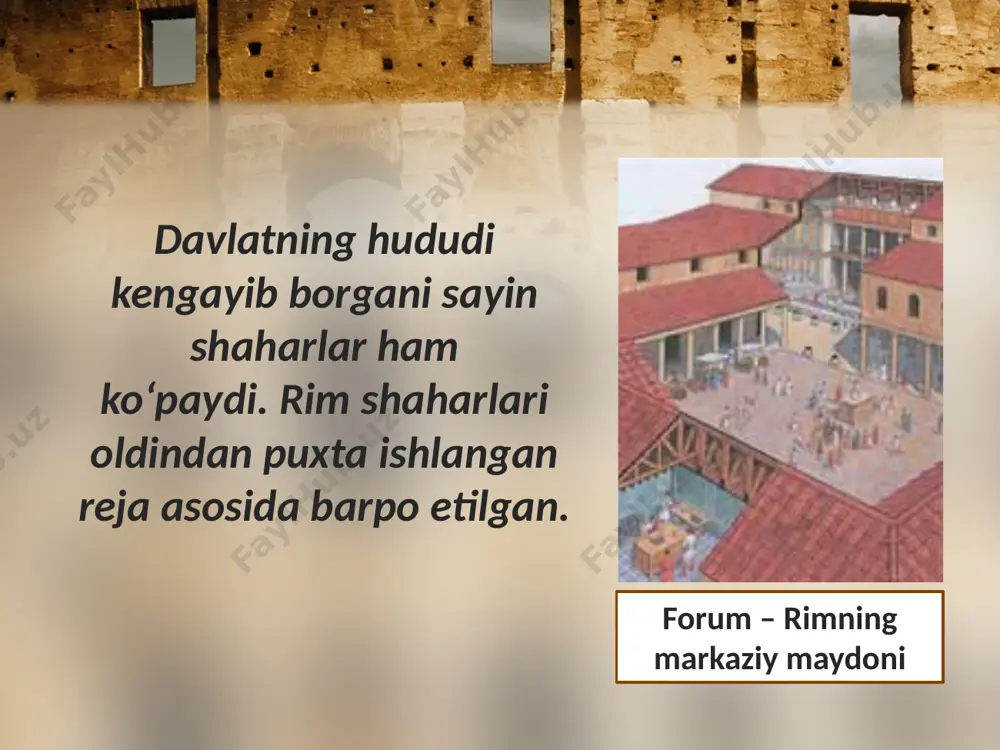 rgacha ruhoniylar jamlangan pontifiklar hay’atiga buyuk pontific rahbarlik qilgan. rimliklar barcha muhim ishlarni fol ochishdan boshlashgan. fol ochish kohinlar – avgurlar yordamida amalga oshirilgan. xonadon o‘chog‘i ilohasi vesta ibodatxonasida muqaddas olov saqlangan. muqaddas olovni saqlash ayol kohinalar majburiyatlari sirasiga kirardi. rim ibodatxonasi savol va topshiriqlar 1. rim shahri aholisi hayoti haqida so’zlab bering. 2. rimliklar liboslari nimasi bilan ajralib turar edi? 3. rim xudolarini sanab bering. ular yunon xudolaridan nimasi bilan farqlanar edi? 4. pontifik kohinlar avgur kohinlar kim? 5. vestalka kohinalarning asosiy majburiyati nimalardan iborat bo’lgan? image2.jpeg image3.emf image4.jpeg image5.jpeg image6.emf image7.emf image8.jpeg image9.emf image10.jpeg image11.jpeg image12.emf image13.jpeg image14.jpeg image15.emf image1.jpeg
