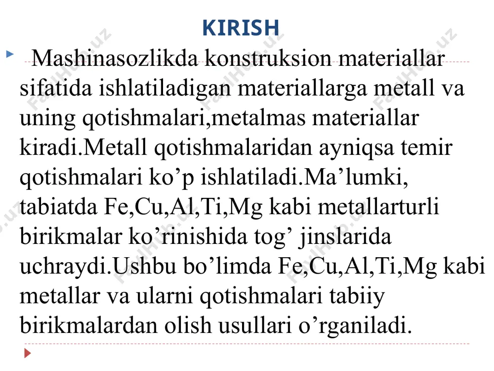 gi (7680c dan pastda). bu nuqtani kyuri nuqtasi deyiladi. toza temir terish = 15390c. qotayotgan temirda har bir kritik nuqtada allotropik o‘zgarish bo‘ladi. temirni fe γ modifikatsiyasi yoqlari markazlashgan kub kristallik panjaraga ega va harorat 911-13920c oralig`ida mavjud. feγ- paramagnit hisoblanadi. davomi qattiq holatdagi metallar kristall panjaralarining o‘zgarishi ikkilamchi kristallanish yoki qayta kristallanish deb ataladi. yuqoridagi o‘zgarishlarga allotropiya hodisasi kiradi. allotropiya temir, qalay, titan, marganes, kobalt va boshqa metallar orasida tarqalgan davomi barqaror - real mavjud bo‘la oladigan panjara erkin energiya zapasi eng kam panjaradir. masalan, qattiq holatda litiy, kaliy, seziy, vol­fram va boshqalarning kristall panjarasi hajmi markazlashgan kub; beri­liy, sirkoniy va boshqa ba’zi metallariniki esa geksoganal panjaralari­dir. bir qator hollarda temperatura va bosimning o‘zgarishi bilan ayni bir metallning kristallik panjarasi ham o‘zgaradi, ya’ni u qayta kris­tallanadi. temirning kristall panjarasi hajmi markazlashgan kub bo‘lishi ham, yoqlari markazlashgan kub bo‘lishi ham mumkin. qayta kristallanish vaqtida o‘zgarmas temperaturada issiqlikni yutadi, bu qizdirilganda. …