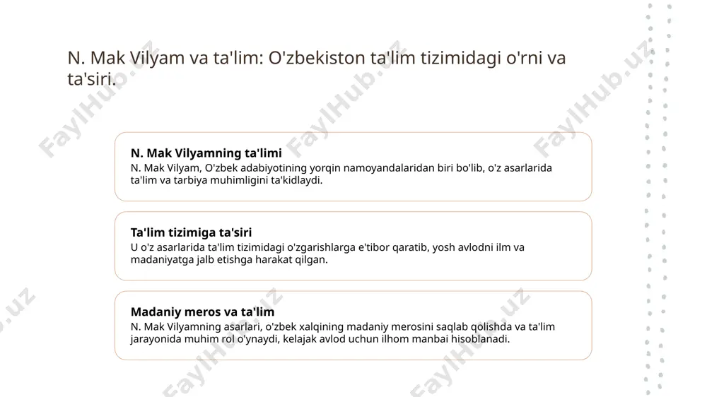 bek adabiyotining rivojiga katta hissa qo'shib, yangi janrlar va mavzularni kiritishni rag'batlantirdi. 3 merosi va qadrlanishi bugungi kunda n. mak vilyamning merosi o'zbekistonda o'qitish va madaniyatni rivojlantirishda muhim o'rin tutmoqda. n. mak vilyam va o'zbek folklori: madaniy aloqalar. 1 n. mak vilyam va folklor n. mak vilyam, o'z asarlarida o'zbek folklorining rang-barangligini aks ettirgan. u xalq og'zaki ijodini va an'analarini yuqori baholagan. 2 folklorning ta’siri vilyamning asarlarida folklor elementlari, xalqning tarixiy voqealari va madaniy an'analari muhim o'rin tutadi, bu esa ularning ta'sirini kuchaytiradi. 3 madaniy aloqalar n. mak vilyam, o'zbek folkloriga asoslangan asarlarini yaratgan holda, xalqning ruhiyati va madaniyatini yanada boyitishga xizmat qilgan. o'zbek madaniyati rivojida n. mak vilyamning roli va hissasi. 1 n. mak vilyam va adabiyot n. mak vilyam, o'zbek adabiyotining rivojiga katta hissa qo'shib, xalq an'analari va madaniyatini yangi asarlarida aks ettirdi. 2 ta'limdagi roli u, ta'lim tizimida innovatsiyalarni kiritib, o'zbek tilida bilim olish jarayonini yengillashtirdi va …