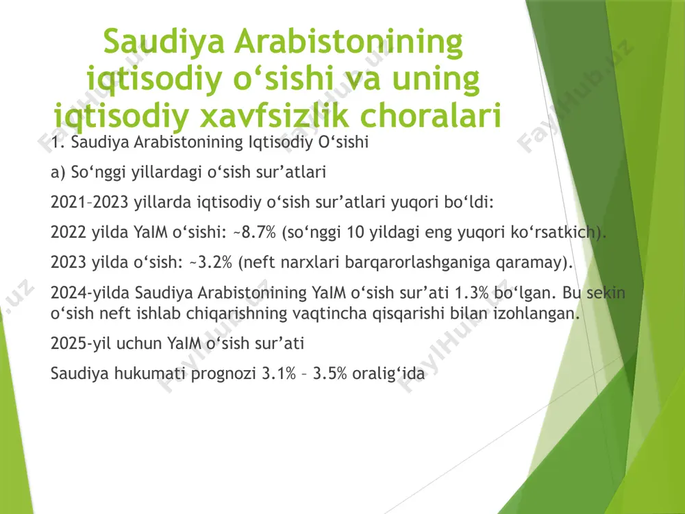 tor zaifligi neftdan tashqari sektorlar hali to‘liq mustaqil emas. xususiy sektorning iqtisoddagi ulushi vision 2030 bilan oshirilayotgan bo‘lsa-da, hali hanuz davlatga qaram. 5. moliyaviy va fiskal xavflar davlat xarajatlari juda katta, ayniqsa mega-loyihalar uchun. neft narxi pasaysa, budjet defitsiti yuzaga kelishi mumkin. soliq bazasi zaif – vat (15%) joriy qilingan, lekin boshqa soliqlar cheklangan. 6. iqlim va ekologik xavflar ekstremal iqlim sharoiti (cho‘l, suv tanqisligi) oziq-ovqat va suv xavfsizligiga tahdid soladi. qishloq xo‘jaligi importga bog‘liq. suv tuzdan tozalash zavodlari katta xarajat talab qiladi. 7. kiberxavfsizlik tahdidlari neft, moliya va harbiy sektorlar nishon bo‘lishi mumkin. saudiya 2012 va 2017-yillarda yirik kiberhujumlarga uchragan (shamoon virus). saudiya arabistonida iqtisodiy xavfsizlikni ta’minlash va barqaror rivojlanishni maqsad qilgan asosiy shior bu: "vision 2030" (2030-yil strategik dasturi) bu dastur rasmiy hukumat siyosati bo‘lib, iqtisodiy xavfsizlik, diversifikatsiya va innovatsion o‘sish uchun asosiy tamoyil sifatida qabul qilingan. uning asosiy shiori sifatida quyidagilar keng qo‘llaniladi: asosiy shiorlar: "oil independence …