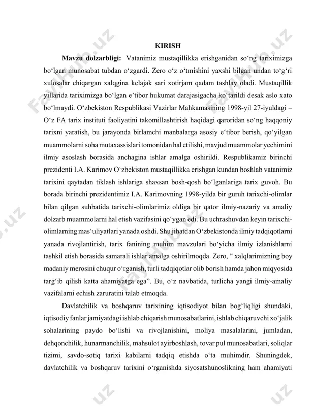 am ahamiyati kattadir. sotsiologiya fani mavjud jamiyatni bir butun yaxlit holatda, uyushgan tizim sifatida tadqiq etadi hamda mavjud jamiyat a’zolarining davlatga bo‘lgan turli munosabatlarini, ularning mavjud davlat haqidagi mulohazalarini o‘rganadi. xullas, barcha davlatlarda bo‘lgani kabi o‘zbek xalqi davlatchiligi va boshqaruvi tarixini tadqiq etish ham turli fan sohalari bilan chambarchas bog‘liqdir. bir umumiy geografik mintaqa – o‘rta osiyoda yashab kelgan qo‘shni xalqlar, elatlar va qabilalarni bir-biriga yaqin bo‘lgan madaniyatlar, ijtimoiy-iqtisodiy va tarixiy jarayonlar, umumiy va madaniy etnik ildizlar birlashtirib turgan. shuning uchun ham qadimgi davrlardan boshlab o‘rta osiyo xalqlarining tarixiy taqdiri bir-biriga uzviy bog‘langan. shu bois movarounnahrning chig‘atoy ulusi tarkibidagi siyosiy hayoti, ulusning tashkil topish jarayonlari, ma’muriy-hududiy bo‘linishlari, boshqaruv tizimida mahalliy amaldorlarning o‘rni kabi masalalarini koʻrib chiqish va umumlashtirilgan holda xulosalar chiqarish mintaqa tarixini yangi ilmiy ma’lumotlar bilan boyitish imkonini beradi. yuqorida qayd qilingan muammolarning ilmiy echimini topish uchun ushbu mavzu tanlab olindi. tadqiqotning maqsadi movarounnahrning chig‘atoy ulusi tarkibidagi siyosiy hayotidagi …