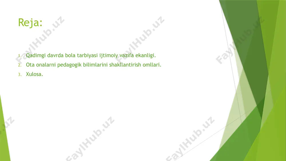 olinishi mumkin boʻlgan qiyofasiz tuda, olomon tarzida qarash karor topdi, bu hol tarbiyaning samarasizligiga olib keldi. chunki tarbiyaning asosiy obʼyekta boʻlmish shaxs va uning oʻziga xoslik jihatlari unutilgan edi. shoʻro pedagogik tizimidagi kamchiliklarning ildizi, asosan, mana shu yondashuv tarziga borib takaladi. o’qituvchilar ota-onalar uchun tashkil etilhan pedagogik muloqotga ma’ruzalar tayyorlashda, oilaviy tarbiyaning eng samarali tajribalarini umumlashtirish va nazariy jihatdan uning ma’nosini anglab yetish hamda amalda qo’llashga yordam ko’rsatadilar. eng yaxshi ma’ruzalar maktab o’quv-uslubiy birlashmasi yoki pedagoglar kengashida ko’rib chiqilgach, “pedagogik o’qishlar” kun tartibiga kiritiladi. ota-onalar tomonidan ijobiy baholangan ma’ruzalar maktabning o’quv-uslubiy xonasiga topshiriladi. agar ota-onalarga bilim berish, “pedagogik savodxonlikni oshirish maktabi” orqali yo’lga qo’yilgan bo’lsa, ota-onalar yig’ilishlarida pedagogik mavzularda ma`ruzalar o’qish talab qilinmaydi. oila mustahkam, tinch va farovon bo’lsagina, unda tarbiyalanib, voyaga etayotgan farzand yuksak ma`naviyatli, fikri teran, sog’lom va komil inson bo’lib yetishadi, bunday oilalar mavjud jamiyatda esa barqarorlik vujudga keladi. bu esa, o’z navbatida, ma`naviy va ruxiy muhitning …