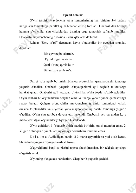 larni petna qilib bo’lmaydi. agar petnachi biron o’ynovchini sherigi bilan qo’l ushlamasdan oldinroq petna qilsa, ushlagan va ushlangan o’yinchilar joy almashadilar. o’yin qoidalari. 1. yangi petnachi avval “men petnachiman!” deyishi va shundan keyingina o’ynovchilarni petna qila boshlashi lozim. 2. uch sekunddan ortiq qo’l ushlashib turish mumkin emas. 3. agar birdaniga uch kishi qo’l ushlashib qolsa, petnachi ulardan chekkada turganlarinigina petna qila oladi. 4. maydonchadan tashqariga tashqariga chiqqan o’ynovchi qo’lga tushgan hisoblanadi. metodik ko’rsatmalar. agar petnachi uzoq vaqt ichida hech kimni petna qila olmasa, uning o’rniga boshqa petnachi tayinlash kerak. o’yin rahbari o’quvchilarga o’z o’rtog’ini xatarli paytda albatta qutqarib olish kerakligini alohida ta’kidlab o’tishi lozim. hamma o’z bayroqchasiga o’yin tasviri. o’ynovchilar 3-4 guruhga bo’linadi. har bir guruh doira hosil qilib turadi. har bir doira markazida bittadan o’yinchi qo’lini balandga ko’tarib bayroqcha ushlab turadi. rahbarning birinchi signal berishi (qarsak chalishi) bilan bayroqcha ushlagan o’yinchilardan boshqa hamma bolalar maydoncha bo’ylab tarqala boshlaydilar. ikkinchi …