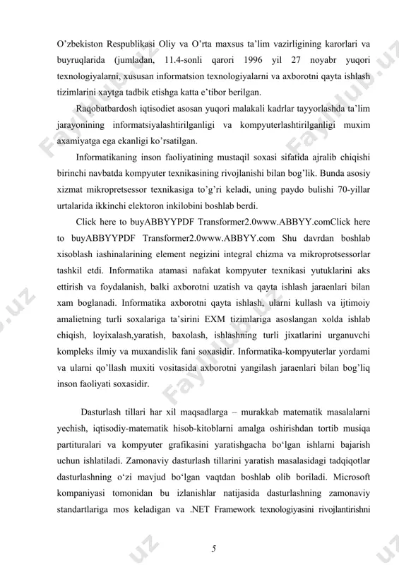 larni yoki oynali windows dasturlarini yaratish mumkin. c# tili yordamida tarmoq yoki internet dasturlaridan tashqari, windows platformasida ishlovchi ixtiyoriy dasturni yaratish mumkin. c# va .net platformasi orqali windows muhitida dasturlar yaratish metodikasini mukammallashtirish ko‘zda tutilgan. kurs ishining dolzarbligi:ushbu kurs ishi hozirgi kunda kompyuterda berilgan masalalarni dasturlash tillari orqali yechish va dasturda turli xildagi operatorlarni yuklab olish va ortiqcha yuklangan operatorlar tushunchalaridan foydalanish kabi vazifalarni o’rganishga olib keladi. kurs ishining maqsadi:c# dasturlash tilida uni tarixini o’rganish,sonli hisoblash funksiyalari kutubxonasi bilan ishlash va sonli hisoblash funksiyalarini yuklab olish haqida tushunchalar olish. kurs ishining asosiy vazifalari: · c# dasturlash tilining tarixi va axamiyatini o’rganish; · c# dasturlash tilining o’ziga xos xususiyatlarini tahlil qilish; · c# dasturlash tilining vazifalarini chuqurroq o’rganib chiqish; · c# dasturlash tilida sonli hisoblash funksiyalari bilan ishlash va ularni yuklab olish. kurs ishining obyekti: c# dasturlash tili bilan yaqindan ishlash, u haqida to’liq ma’lumot berish va uni amalda qo’llash. kurs …