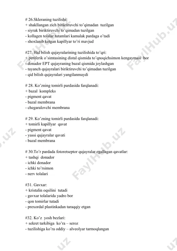 piramidasimon # 40.yoy pardani xaraktеrlovchi javoblarni ko’rsating: + ko’z qorachiqini kеngaytiruvchi silliq mushaklar radial joylashgan - oldingi tomoni ko’p qavatli yassi epitеliy - orqasi bir qavatli yassi epitеliy - asosi zich biriktiruvchi to’qimadan iborat # 41.kiprikli tana tuzilgan: + siliar o’simtalarga sin boylamlarining tolalari birikadi - asosini zich biriktiruvchi to’qima tashkil etadi - tashqi yuzasi bir qavatli yassi epitеliy bilan qoplangan - fibroz pardaning qosilasi bo’lib qisoblanadi # 42.yoy parda qavatlari: + tashqi chеgaralovchi - to’rsimon - oldingi pigmеntli epitеliy - so’rqichli # 43.ingichka ichakka nima xos emasq +shilliq qavat bo’ylama burmalar qosil qiladi -shilliq qavat sirkulyar burmalar qosil qiladi -mushaklarning qavati 2 qatlamga ega -shilliqqavat epitеliysidakriptalar qosilbo’ladi -shilliq qavat silindrsimon epitеliy bilan qoplangan # 44. ingichka ichakning sirkulyar burmalari hosil bo’lishida qatnashadi: +shilliq qavat, shilliq osti qavat -shilliq osti qavat, mushak qavati -mushak qavati, shilliq osti qavat -mushak va shilliq qavatalari - barcha qavatlar # 45. ichak kriptlarida qaysi …