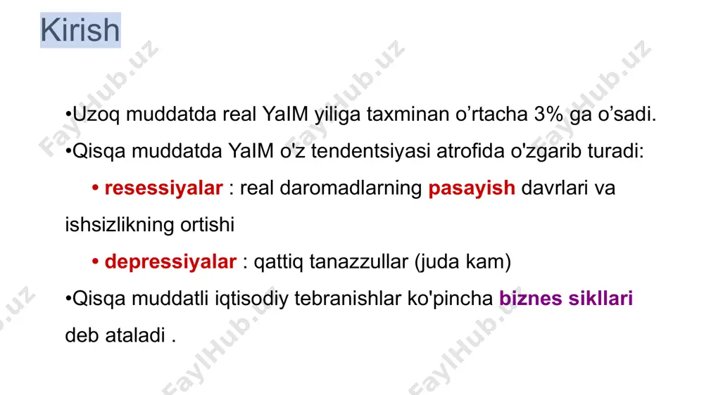 ighly relevant to a broader group of people than just apple growers. how ’bout them apples! ad egri chizig’i har qanday narx darajasida iqtisodiyotda talab qilingan tovar va xizmatlar miqdorini ko’rsatadi. p y ad p1 y1 p2 y2 agregat talab (ad) egri chizig’i 12 as in previous chapters, “g&s” stands for “goods and services.” y = c + i + g c, i va g yopiq iqtisodiyotda agregat talabning tarkibiy qismlari. faraz qiling g xukumat tomonidan fikslangan. adning egriligini p dagi o’zgarish c, i va nx larga qanday ta’sir qilishi belgilab beradi. p y ad p1 y1 p2 y2 y1 nega ad egri chizig’i pastga tomon egilgan 13 faraz qiling p oshdi. aholi qo’lidagi pullar kamroq tovar va xizmatlar sotib oladi, shunday ekan real boylik (sotib olish qobiliyati) pasayadi. natijada odamlar o’zlarini kambag’alroq his qilishadi va sarflashni kamaytirishadi. shunday ekan p ning ortishi c ning pasayishiga olib keladi … oqibatda …