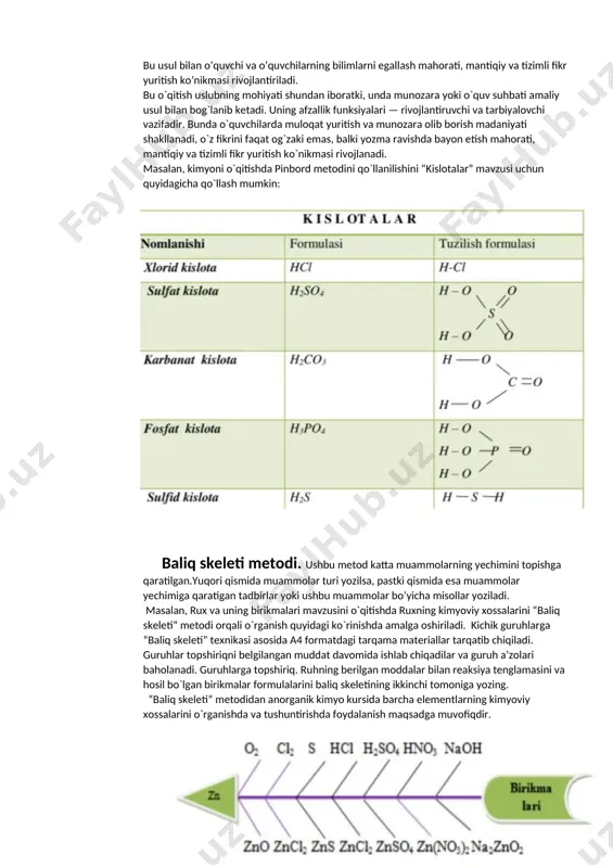 n” degan ma’noni anglatadi. “pinbord” usulining afzallik tomoni rivojlantiruvchi va tarbiyalovchi vazifasidir. bu usul bilan o’quvchi va o’quvchilarning bilimlarni egallash mahorati, mantiqiy va tizimli fikr yuritish ko’nikmasi rivojlantiriladi. bu o`qitish uslubning mohiyati shundan iboratki, unda munozara yoki o`quv suhbati amaliy usul bilan bog`lanib ketadi. uning afzallik funksiyalari — rivojlantiruvchi va tarbiyalovchi vazifadir. bunda o`quvchilarda muloqat yuritish va munozara olib borish madaniyati shakllanadi, o`z fikrini faqat og`zaki emas, balki yozma ravishda bayon etish mahorati, mantiqiy va tizimli fikr yuritish ko`nikmasi rivojlanadi. masalan, kimyoni o`qitishda pinbord metodini qo`llanilishini “kislotalar” mavzusi uchun quyidagicha qo`llash mumkin: baliq skeleti metodi. ushbu metod katta muammolarning yechimini topishga qaratilgan.yuqori qismida muammolar turi yozilsa, pastki qismida esa muammolar yechimiga qaratigan tadbirlar yoki ushbu muammolar bo’yicha misollar yoziladi. masalan, rux va uning birikmalari mavzusini o`qitishda ruxning kimyoviy xossalarini “baliq skeleti” metodi orqali o`rganish quyidagi ko`rinishda amalga oshiriladi. kichik guruhlarga “baliq skeleti” texnikasi asosida a4 formatdagi tarqama materiallar tarqatib chiqiladi. …