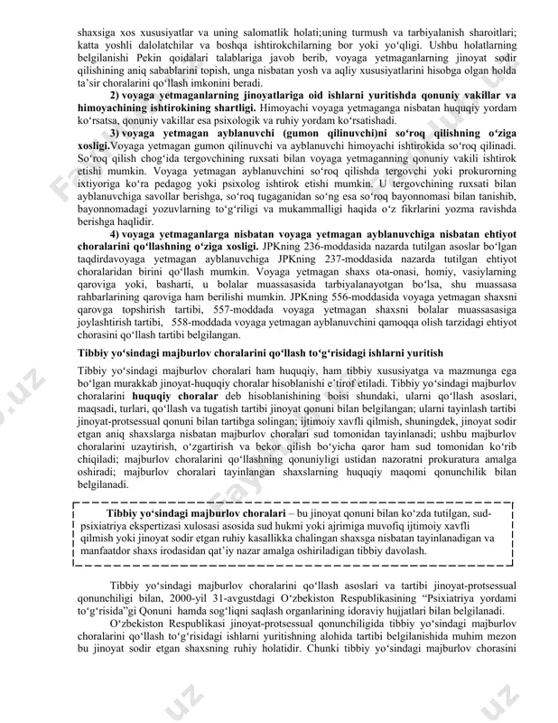 ’ni ushbu toifa ishlarga oʻzbekiston respublikasi jpkda belgilangan umumiy qoidalardan tashqari, uning maxsus bobida belgilangan alohida qoidalar ham qoʻllaniladi. voyaga yetmaganlarining jinoyatlari haqidagi ishlarni yuritish voyaga yetmaganlarning jinoyatlariga doir ishlarni koʻrib chiqish oʻziga xos xususiyatlarga ega boʻlib, jinoyat protsessida isbotlanishi lozim boʻlgan holatlardan tashqari, bunday ishlarda voyaga yetmagan shaxsning yashagan muhiti, uning tarbiyasi, jinoyat sodir boʻlishiga olib kelgan sharoitlar ham batafsil oʻrganilishi kerak. ( jinoyat protsessida voyaga yetmagan shaxs – jinoyat sodir etish vaqtida oʻn sakkiz yoshga toʻlmagan shaxs . ) jpkga muvofiq voyaga yetmaganlarning jinoyatlariga doir ishlarni yuritish quyidagi xususiyatlarga ega: 1) voyaga yetmaganlarning jinoyatlari haqidagi ishlar boʻyicha isbotlanishi lozim boʻlgan holatlarning oʻziga xosligi.bunday turdagi ishlarni yuritishda dastlabki tergov harakatlari va sud muhokamasi davrida voyaga yetmaganlarning jinoyatlari haqidagi ishlar boʻyicha umumiy tartibda ish yuritishda isbotlanishi lozim boʻlgan holatlardan tashqari quyidagilar isbotlanishi lozim: voyaga yetmagan ayblanuvchining aniq yoshi (tugʻilgan yili, oyi, kuni); voyaga yetmaganning shaxsiga xos xususiyatlar va uning salomatlik …