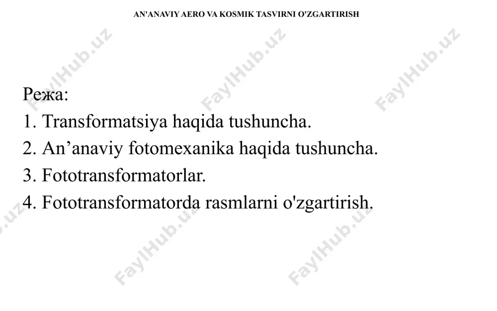 hisobga olish fotogrametriyaning eng murakkab muammolaridan biri bo'lib, uning qat'iy echimi tasvirning alohida nuqtalarga (zonalarga) parchalanishi va ularning alohida o'zgarishi bilan bog'liq. bu buzilishlarni bartaraf etish faqat relefni har xil aniqlik darajasida hisobga olinishini ta'minlaydigan tegishli usullar yoki texnologik texnikalar yordamida mumkin bo'ladi. kosmos suratlarini o'zgartirish uchun ishlatiladigan texnik vositalardan farqli bo'lgan bir qancha usullar qo'llaniladi: analitik, fotomexanik, optik-grafik, differentsial va boshqalar. o'zgartirishning analitik usuli aerofotografning mos keladigan nuqtalari koordinatalari va relef o'rtasidagi bog'liqlikdan foydalanishga asoslangan. fotomekanik transformatsiya usuli maxsus qurilmalar - fototransformatorlardan foydalanishga asoslangan. tegishli ish harakatlari bilan fototransformatorning asosiy qismlari ekranga o'rnatilgan tasvir gorizontal aerofotoga mos keladigan holatga keltiriladi va bu rasm fotografik qog'ozga o'rnatiladi. o'tkazilgan fotosurat ochiq fotosurat qog'ozini kimyoviy tozalash natijasida olinadi. yaqin vaqtgacha bu o'zgartirish usuli asosiy bo'lgan. transformatsiyaning optik-grafik usuli maxsus kichik formatli qurilmalar-proyektorlardan foydalanishni o'z ichiga oladi. ularning yordami bilan olingan o'zgartirilgan rasm qog'oz varag'iga proektsiya qilinadi, qalam bilan chiziladi va an'anaviy belgilar …