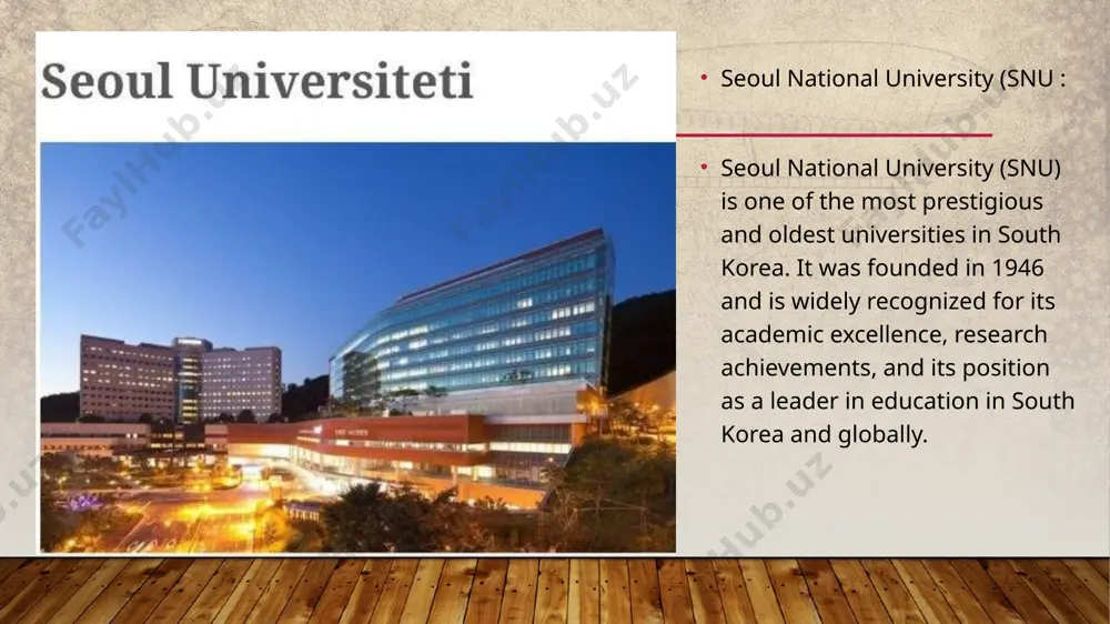 ents each year. the university offers various programs in english, making it an attractive destination for students from around the world. 8. career opportunities: snu graduates have a strong track record of success, securing positions at top companies, government agencies, and academic institutions in korea and internationally. thank you for attention shopo’latova asila image3.png image1.jpeg image4.png image5.png image6.png image7.png image8.png image2.png /docprops/thumbnail.jpeg