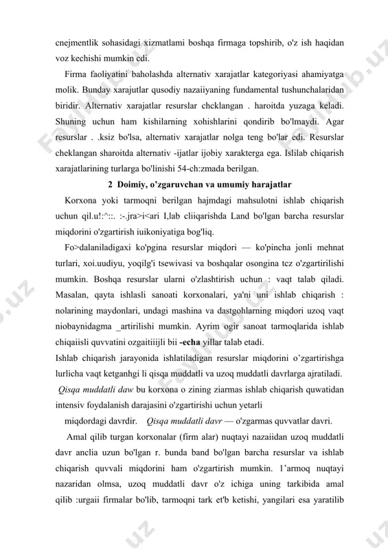 ;.hr.ji dastgohlar -.iuvjud. agar shu finnu atigi ikki ishchini ishga jalb etadigan bo'lsa, umumiy ishlab cklqailh hajmi va :.ieh:iui unumdoriigi darajasi pasayib ketgan bo'iardi. bu ishcliilar bir ishdan ikkinchi ishga o'tib, ish · aqtii.i bekor o'tkuzgani bois ishlab chiqarish samarali bo'lmay qolar edi. ishchilar son ini o'stirish bilan bu kamchiliklar bartaraf eiilardi. dastgohlardan foydalanish to'liq bo'lib, ishchilar aniq opcratsiyalarni bajarishda ixtisoslashardi. natijada, bekor vaqt kamayib, samaradorlik ortadi. ishchilarning keyinchalik yana ko'payib borishi ularning ortiqchaligi muammosini keltirib chiqaradi. o'zgarmas ishlab chiqarish quvvati sharoitida har bir ishchiga shuncha kam dastgoh to'g'ri kelardi. ishchilar sonini yanada oshirib borish butun ishlab chiqarislmi ular bilan to'ldirib yuborish zarar •x)'iardi. natijada, ishlab chiqarish jarayoni to'xtaydi. bu qonun bo'yicha, demak, pirovard mahsulot yo'qolib ketmoqda. boshqa misol. dehqon (fermer)ning ixtiyorida o'zgarmas 80 ga yeri bor. u tuproqni kultivaisiya qihnasdan hargektardan 40 sentner hosil oldi. birinchi ishlov berilgandan so'ng ьозм gektaridan 50 sentnerga oshdi. ikkindii ishlovdan so'ng hosil 57 …