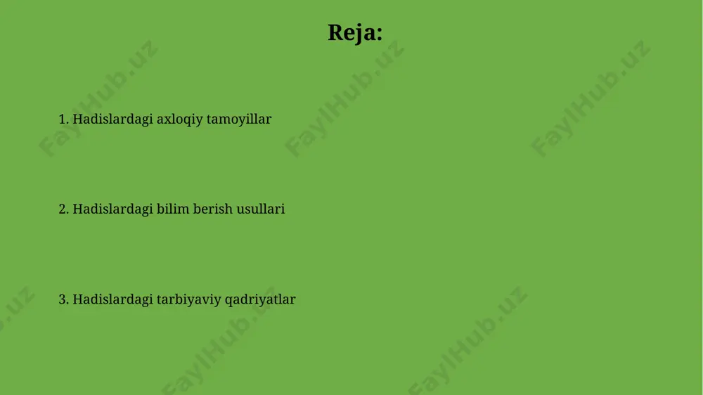 ina shahrida paydo bo‘lgan hadislar, yoshlarning axloqiy-ma’naviy kamol topishiga xizmat qilgan bo‘lib, 200 dan ortiq hadisda mehr-oqibat, hurmat, do‘stlik kabi fazilatlar ta’kidlangan. hadislar va bilim olishga da'vat hadislar, ilm olishning ahamiyatini ta'kidlab, 3 yoshdan 70 yoshgacha bo'lgan har bir musulmonning bilim izlashi zarurligini ta'kidlaydi, dunyoviy va diniy bilimlarga teng darajada e'tibor berishga undaydi. hadislarda 70 dan ortiq hadis ilm izlashga, 20 dan ziyod hadis esa qur'onni yaxshilab o'rganishga chaqiradi, bu esa madina, makka kabi muqaddas shaharlardagi olimlar tomonidan tasdiqlangan. hadislar orqali axloq tarbiyasi taxminan 100 dan ziyod hadisda bolalarga mehr-oqibatli munosabatda bo'lish, ularni hurmat qilish va 15 yoshgacha tarbiyalashning muhimligi, misr va iroq kabi mamlakatlardagi an'anaviy tarbiya usullariga misol bo'lib kelgan. hadislar, masalan, yolg'on gapirishning 72 ta salbiy oqibatlarini va 3 ta asosiy oqibatini, shu jumladan, jamiyatga bo'lgan ta'sirini quddus va makka kabi muqaddas shaharlarda yashagan odamlarning tajribalari orqali tushuntiradi. hadislarning tarbiyaviy ahamiyati hadislar, 7-asrning madina shahridan kelib chiqqan bo'lib, …