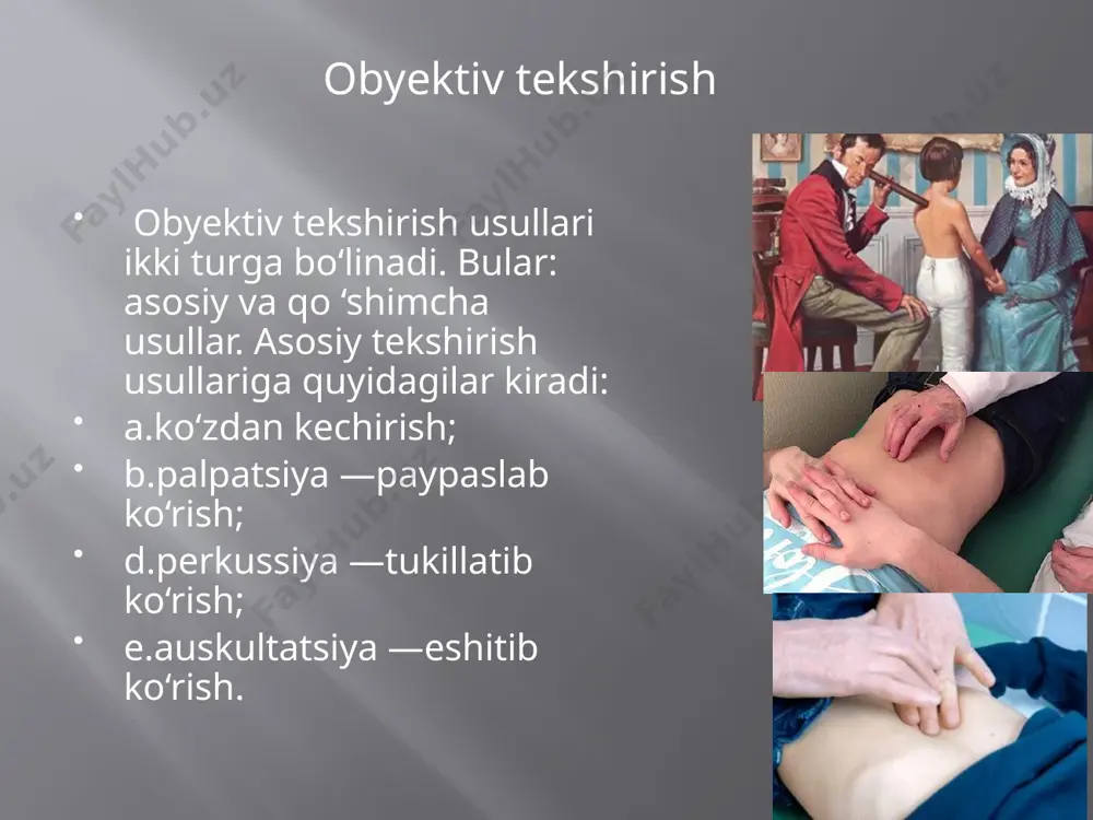 teri va tanosil kasalliklari; h) ruhiy kasalliklar; i) yuqumli kasalliklar; j) sil kasalliklari; k) onkologik kasalliklar; l) zararli odatlari. subyektiv tekshirish usullari, asosan, so‘rab bilish orqali amalga oshiriladi. so‘rab bilish — kasallikni so‘rab bilish, odatda, umumiy, ya’ni «pasport» ma’lumotlarni aniqlashdan boshlanadi. yoshning ahamiyati shundan iboratki, ayrim bir kasalliklar — bo‘g‘ma, difteriya, qizamiq, qisman revmatizm va boshqalar faqatgina yoshlargagina xos kasalliklardir, boshqa, masalan, ateroskleroz, yomon sifatli o‘smalar, miokard infarkti, gipertoniya kasalliklari yoshi ulg‘aygan, qarilarda ko‘proq uchraydi. bemor yoshining uning tashqi ko‘rinishiga mos kelishi ham ahamiyatga ega. agar bemor o‘z yoshiga qaraganda qariroq ko‘rinsa, bu hol uning yaqinda og‘ir, silla qurituvchi kasallikni boshidan kechir- ganidan yoki hozirgi vaqtda shunday kasallik bilan og‘riyotganidan guvohlik beradi. aksincha, bemor o‘z yoshidan yosh ko‘rinsa, bu hol unda endokrin bezlar o‘zgarishi borligi haqida taxmin qilishga asos beradi. e’tiboringiz uchun rahmat… foydalanilgan adabiyotlar : ziyo.uz , arxiv.com sayitlaridan va “ichki kasalliklar propedeftikasi” a.gadayev. o’quv qolanmasidan foydalanildi. image2.png image3.png …