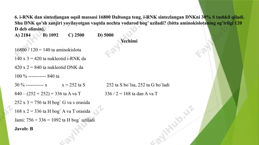 asini aniqlang. a)12960 b)13400 c)15000 d)13300 yechimi 227700 / 345 = 660 ta nukleotid dnk da 660 – 12 = 648 ta mutatsiyadan keying nukleotidlar 648 / 2 = 324 ta nukleotid i-rnk da 324 / 3 = 108 ta aminokislota 108 x 120 = 12960 d aminokislotalar massasi javob: a 15. dnk qo`shzanjiridagi a+t yig`indisi g sonidan 18taga ko`p. s umumiy nukleotidlarning 30% ni tashkil qiladi. dnk 1zanjiridagi t lar soni 2-zanjirdagi g lar sonidan 2 marta ko`p bo`lsa, 1-zanjirdigi a(a) va 2-zanjirdigit(b) sonini aniqlang. (qo`shni nukleotidlar orasidagi masofa 0,34nm) a)a-18 b-9 b)a-18 b-18 c)a-36 b-36 d)a-24 b-48 yechimi 30 % s --------- g 30 % 20 % a -------- t 20 % a + t = g + 18 0,2x + 0,2x = 0,3x + 18 0,1x = 18 x = 180. dnk tarkibidagi nukleotidlar soni 180 x 0,2 = 36 ta a dnk qo`sh zanjirida 36 / …