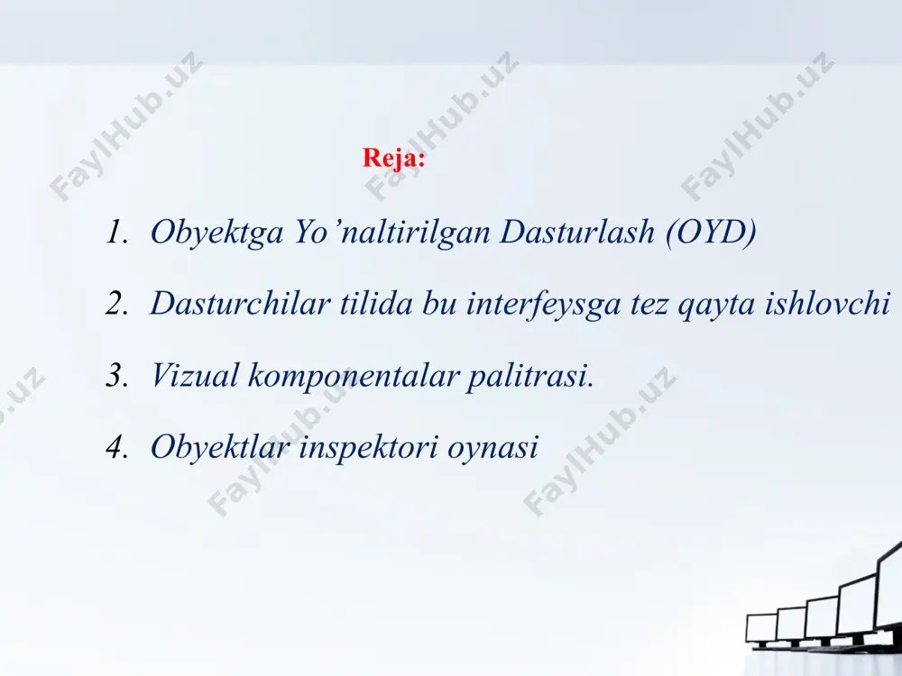 i funktsiya dasturi matnini hosil qiladi. vizual komponentalar palitrasi. ilova bu – tayyor bajariluvchi fayl hosil qilish uchun kerak bo’ladigan barcha fayllar to’plamidir. masalan, ilova tarkibiga dastur matni, tovush fayllari, ikonka rasmlari va shu kabi ilovaga, kerakli fayllar kirishi mumkin. bunda har bir ilova uchun alohida papka hosil qilish maqsadga muvofiq sanaladi. chunki ilovani boshqa kompyuterga o’tkazmoqchi bo’lsak va papkada saqlamagan bo’lsak, ularni yig’ishimizga to’g’ri keladi. bunda interfeysning o’zi ilovani saqlashni talab qiladi, ammo papka hosil qilishni o’zimiz bilishimiz kerak. interfeysning asosiy oynasi sarlavha oynasida ilova nomi, ilovani tiklash, berkitish tugmalari joylashgan. sarlavha nomi tagida asosiy menyu joylashgan. bu menyu orqali muhitning barcha funktsiya va komandalarini ishga tushirish mumkin. asosiy menyuning tagida tez tugmalar joylashgan. bu tugmalar ma’nolariga ko’ra guruhlarga ajratilgan. bu tugmalar orqali tez-tez ishlatiladigan komandalarni ishga tushirishimiz mumkin. bu tugmalarning o’ng tomonida vizual komponentalar vcl (visual component library - vizual komponentlar kutubxonasi) palitrasi joylashgan. bu shunday obyektlarki yoki …
