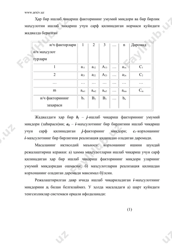 ксималлаштиришдан иборат ва уни y = c1x1 +c2x2+ … + cmxm (3) чизиқли функция орқали ифодалаш мумкин. шартга кўра y®max. бу шартни ymax кўринишда белгилаймиз. шундай қилиб ишлаб чиқаришни режалаштириш масаласининг математик модели қуйидаги кўрнишда бўлади x1 і 0, x2 і 0, …, xm і 0, ymax = c0 + c1x1 + c2x2+ … + cmxm истеъмол савати масаласи фараз қилайлик, киши организми учун бир суткада n хил a1,a2,…,an озуқа моддалари керак бўлсин, жумладан a1 озуқа моддасидан бир суткада b1 миқдорда, a2 озуқа моддасидан b2 мидорда, a3 озуқа моддасидан b3 миқдорда ва ҳоказо an дан bn миқдорда зарур бўлсин ва уларни m та b1,b2,…,bm маҳсулотлар таркибидан олиш мумкин бўлсин. ҳар бир bi маҳсулот таркибидаги aj озуқа моддасининг миқдори aij бирликни ташкил қилсин. масаланинг берилган параметрларини қуйидаги жадвалга жойлаштириш мумкин. озуқа моддалари маҳсулотлар a1 a2 … an маҳсулот баҳоси b1 a11 a12 … a1n c1 b2 a21 a22 … a2n c2 …