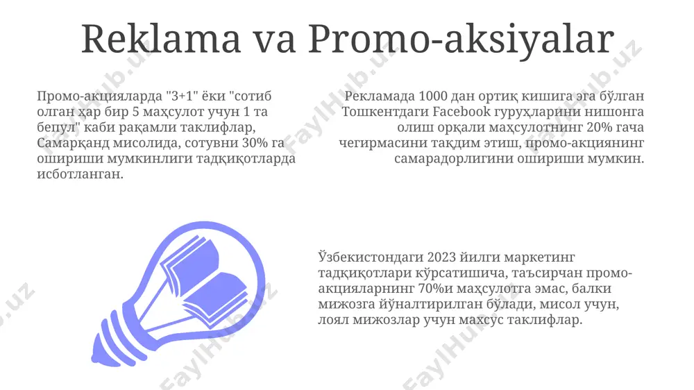 nika mahsulotlarini ishlab chiqarish orqali xaridorlarning keng doirasiga mos keladigan 70% bozor ulushiga erishishga yordam beradi. tarqatish kanallari тошкент шаҳридаги 300 дан ортиқ чакана савдо нуқталари орқали маҳсулотларни тарқатиш каналларининг самарадорлиги 20% га ошиши кутилмоқда. самарқанд вилоятидаги 5 та йирик дистрибьюторлар билан ҳамкорликда яратилган тарқатиш канали мижозларга етиб боришни 10 баробар тезлаштиради. янги тарқатиш канали сифатида онлайн платформалардан фойдаланиш, хусусан, электрон тижорат орқали 15% га сотиш ҳажмини оширишга имкон беради. marketing samaradorligini baholash мижозларнинг садоқати даражасини аниқлаш учун 5 баллик шкалада ўтказилган сўровнома натижаларига кўра, 4 балл ва ундан юқори балл олган мижозлар сони 20% дан кам бўлса, маркетинг стратегиясини қайта кўриб чиқиш тавсия этилади. маркетинг кампаниясининг оммавий ахборот воситаларидаги таъсирини ўлчаш учун, instagram ва facebook'даги 1000 та постнинг ўртача кўришлар сони ва ҳаволаларга босилганлик кўрсаткичларини таҳлил қилиш зарур, бу эса кампаниянинг самарадорлигини баҳолашга ёрдам беради. маркетинг самарадорлигини баҳолашда 2023 йилдаги маълумотларга кўра, тошкент шаҳридаги 100 та кичик бизнесдан 75 …
