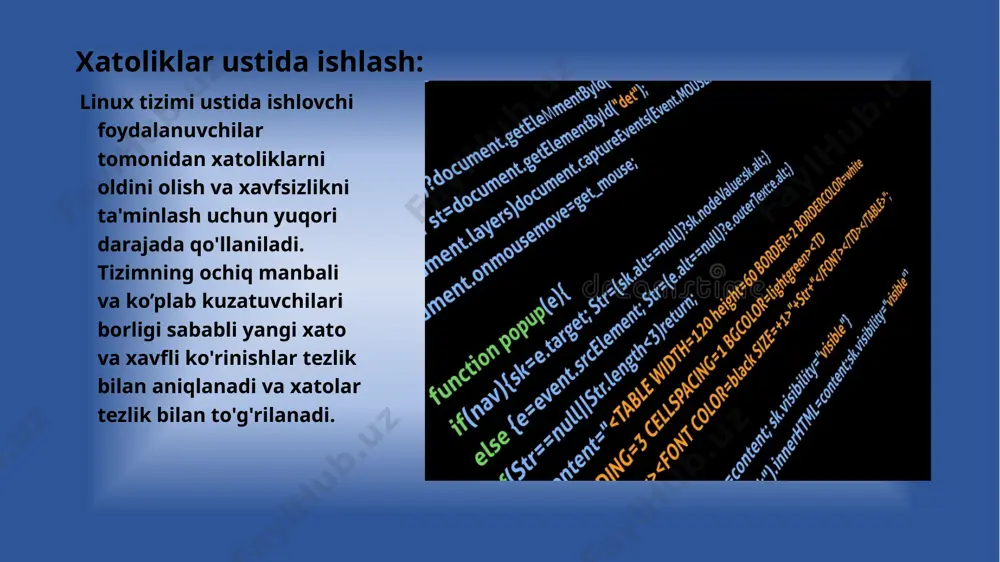 sh va ularni boshqarishni osonlashtiradi. cataloglar kataloglar va fayllar o‘rtasidagi farqlar katalog ma'lumotni saqlamaydi, faqat fayllar va boshqa kataloglarning joylashuvini ko‘rsatadi. fayl esa ma'lumotlarni o‘z ichiga oladi. kataloglar faqat fayllarni tartibga soladi, o‘zida fayllar saqlanmaydi. katalog nomiga kengaytma (masalan, .txt, .jpg) qo‘shilmaydi. kataloglar faqat nomga ega bo‘ladi (masalan, hujjatlar, rasmlar). fayl esa o‘z nomiga va kengaytmasiga ega (masalan, data.txt, image.jpg). katalog — bu ierarxik tizim bo‘lib, o‘z ichiga bir nechta fayl yoki kichik kataloglarni olishi mumkin. fayl esa faqat bitta ma'lumotni saqlaydi, masalan, rasm yoki matn. windows va linux ot system farqi windows — yopiq (closed-source) va tijorat litsenziyasiga ega. foydalanish uchun litsenziya sotib olish kerak. linux — ochiq kodli (open-source) va bepul. ko'pchilik linux distributivlari bepul tarqatiladi. windows — ko'proq virus va zararli dasturlarga nishon bo'ladi. linux — xavfsizroq hisoblanadi, chunki ochiq kodli bo'lgani uchun xatolar tezroq topiladi va tuzatiladi. windows — resurs talabchan va eski qurilmalarda sust ishlashi …