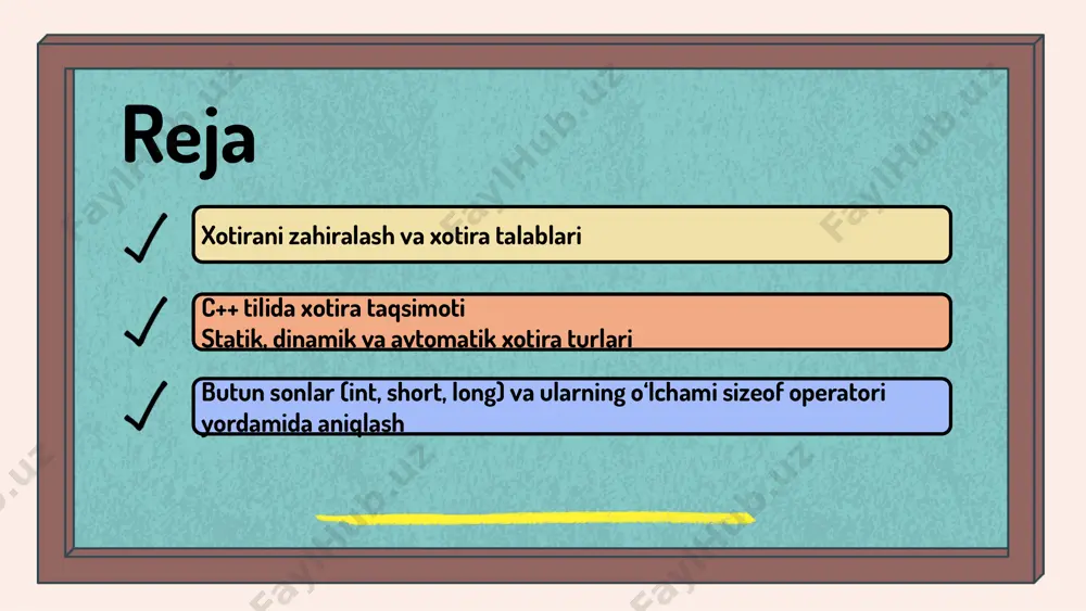 shilaydi. xotira ehtiyojlarini aniqlash uchun butun sonlarning o‘lchamini, ma'lumot turlarining xususiyatlarini va algoritmlarning kompleksligini hisobga olish muhim. xotira optimizatsiyasi usullari xotira optimizatsiyasida ma'lumotlarni to‘g‘ri tashkil etish va keraksiz ma'lumotlarni saqlashdan qochish muhim. dinamik xotira boshqaruvi va xotira bo‘shashishini ta'minlash tezlikni oshiradi. xotira bo‘shashishini nazorat qilish uchun smart pointerlar va xotira monitoring vositalaridan foydalanish tavsiya etiladi. bu usullar dasturda xotira oqishini oldini oladi. xotira zahiralashda xatolar xotira zahiralashda keng tarqalgan xatolar: noto'g'ri o'lcham, indekslash xatolari va kernel muammolari, ular dasturga zarar keltiradi. xatolarni oldini olish uchun to'g'ri o'lcham belgilash, indekslarni tekshirish va std::vector yoki std::array kabi standart kutubxona metodlaridan foydalanish muhim. xatolarni boshqarishda try-catch bloklari va istisno mexanizmlari yordam beradi, bu esa dastur barqarorligini ta'minlashga yordam beradi. xotira va dastur samaradorligi xotira va dastur samaradorligi o‘rtasidagi bog‘lanish muhim. xotira boshqarish texnikalari, masalan, dinamik ajratish va bo‘shatish, dastur tezligini oshiradi. c++ dasturlarida samaradorlikni oshirish uchun xotira talablarini minimallashtirish, samarali ma'lumot tuzilmalaridan foydalanish …