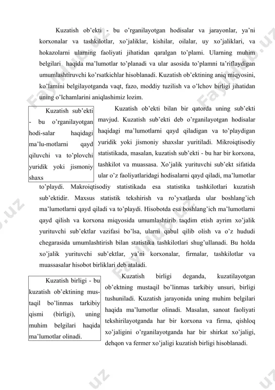 ri haqida ma’lumotlar olinadi. kuzatish birligi deganda, kuzatilayotgan ob’ektning mustaqil bo’linmas tarkibiy unsuri, birligi tushuniladi. kuzatish jarayonida uning muhim belgilari haqida ma’lumotlar olinadi. masalan, sanoat faoliyati tekshirilayotganda har bir korxona va firma, qishloq xo’jaligini o’rganilayotganda har bir shirkat xo’jaligi, dehqon va fermer xo’jaligi kuzatish birligi hisoblanadi. ayrim masalalarni kuzatishda kuzatish birligi bilan birga hisob birligi ham belgilanadi. masalan, chorva ro’yxatida har bir mol turi haqida, asbob-uskunalar ro’yxatida esa har bir mashina, stanok va boshqa asbob- uskunalar haqida, ko’p yillik daraxtlar ro’yxatida har bir daraxt turi haqida batafsil ma’lumotlar to’planadi. bu holda xo’jalik, korxona kuzatish birligi bo’lsa, uning o’rganilayotgan har bir predmeti hisob birligidir. kuzatish dasturi - bu kuzatish jarayonida ma’lumotlari to’plani-shi lozim bo’lgan kuzatish va hisob birligining asosiy belgilaridir. kuzatish dasturi (programmasi) deb o’rganilayotgan hodisa, ob’ekt haqida ma’lumot to’planadigan belgilar ro’yxati yuritiladi. boshqacharoq aytganda, kuzatish dasturi kuzatish jarayonida javoblar olinishi lozim bo’lgan savollar to’plami (ro’yxati)dir. u qanchalik to’g’ri tuzilsa, tekshirish …