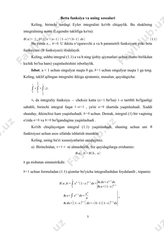 tirishni amalga oshiramiz va quyidagilarni olamiz: g() = = = = = = . ushbu tenglikning ikkala tomonini ga ko'paytirsak , biz quyidagilarni olamiz: . (2.8) va t ni 1 + t bilan almashtirsak , biz quyidagilarni olamiz: = . keling, bu tenglikning ikkala tomonini t a -1 ga ko'paytiramiz va t ni 0 dan ga integrallaymiz : g ( ) = . chapdagi intervalda biz b ( ) funktsiyasini tan olamiz [qarang. 4]; o'ng tomonda biz integrallarni qayta joylashtiramiz. natijada, biz [(2.7) va (2.1) ni hisobga olgan holda] olamiz: = = = = = shunday qilib, biz olamiz: buning uchun, nihoyat, yuqorida keltirilgan eyler munosabatining nafis kelib chiqishi dirixlet tufaylidir. lekin buni oqlash uchun integrallarni qayta tartibga solishni ham asoslashimiz kerak. avval degan taxmin bilan cheklanib qolamiz. keyin funksiyasi uchun integralni parametr ustidan integrallash natijalarining barcha shartlari bajarilgan bo'ladi. ya'ni: bu funksiya uzluksiz va bundan tashqari, va integrallar uchun …