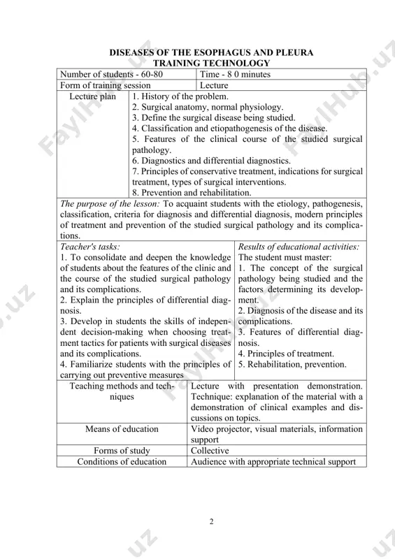 stration. technique: explanation of the material with a demonstration of clinical examples and discussions on topics. means of education video projector, visual materials, information support forms of study collective conditions of education audience with appropriate technical support technological card lectures stages, time activity teacher students stage 1 introduction (5 minutes) 1. informs the title of the topic, the goal, the planned results of the lecture and the plan for its implementation 1. listen stage 2 knowledge update (20 minutes) 2.1. in order to update the knowledge of students, he asks questions, repeats the knowledge of anatomy, normal and pathological physiology. conducts a survey. 2.2. slideshow and comments 2.1. answer questions 2.2. learn the content of the slides stage 3 informational (45 min) 3.1. consistently presents the material of the lecture on the issues of the plan, uses visual materials with step-by-step answers to questions. focuses on the key points of …