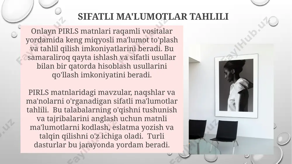 lariga ta'sirini o'rganish va samarali o'quv strategiyalarini ishlab chiqish. texnologiyaning o'qishga ta'siri pirls matn tahlili raqamli matnlarning (giperhavola, multimedia) xususiyatlari bosma matnlarga nisbatan o'qish jarayonlari va tushunchaga qanday ta'sir qilishini ko'rsatadi. onlayn pirls baholari teng huquqli kirish va standartlashtirilgan sinov sharoitlarini ta'minlashda qiyinchiliklarni keltirib chiqaradi, natijalarni ishonchliligini va haqiqiyligini pasaytiradi. adolat va kirish tahlil ta'limdagi tengsizlikni imkoniyatlarga bog'liq ekanligini va adolatli ta'lim uchun aralashuvlar zarurligini ko'rsatdi. pirls testlari o'quvchilarning kelib chiqishi va resurslarga kirish imkoniyatlariga qarab tengsizlik va imkoniyatlar farqini ko'rsatadi. tadqiqot cheklashlari turli matn formatlari va onlayn pirlsning o'ziga xos raqamli jihatlari tahlil qilishda qiyinchiliklar tug'diradi. matn tahlili va talqinidagi subyektivlik pirls natijalarining ishonchliligini ta'sir qiladi. pirls va onlayn pirls ga kirish pirls to'rtinchi sinf o'quvchilarining o'qishni tushunishini qog'oz testlar orqali jahon miqyosida baholaydi. onlayn va an'anaviy formatdagi test natijalarini solishtirib, onlayn tizimning o'qishni tushunish ballariga ta'sirini o'rganadi. o'quv dasturi mosligi o'quv dasturi mosligi pirls bahosining o'qitilgan mavzularni aks …
