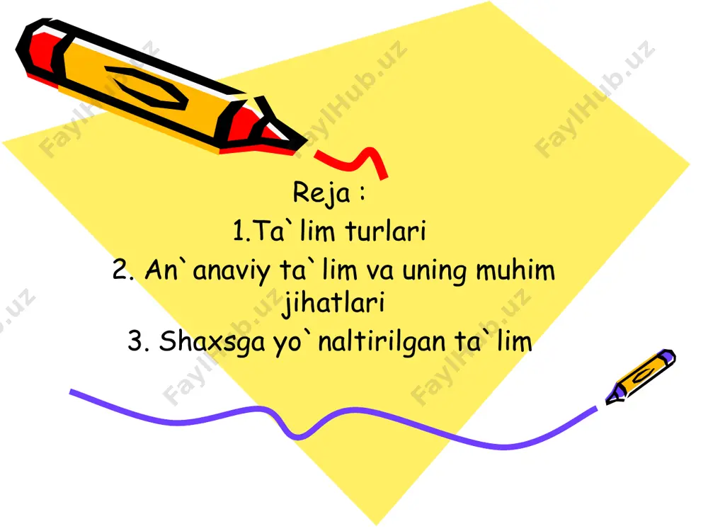 ta’lim (1-4-sinflar); 2) umumiy o‘rta ta’lim (1-9-sinflar). boshlang‘ich ta’lim o‘quvchilarga murakkab bo‘lmagan ilmiy bilimlarni berish asosida ularda o‘qish, yozish va hisoblashga oid dastlabki bilim, ko‘nikma hamda malakalarni shakllantirish asosida ularda shaxsiy gigiena va sog‘lom turmush tarzi elementlarini hosil qilish bosqichi. akademik litsey o‘quvchilarning imkoniyatlari va qiziqishlarini hisobga olgan holda ularning jadal intellektual rivojlanishi chuqur, sohalashtirilgan, tabaqalashtirilgan, kasbga yo‘naltirilgan ta’lim olishlarini ta’minlash maqsadida davlat ta’lim standartlariga muvofiq o‘rta maxsus ta’lim beruvchi, yuridik maqomga ega ta’lim muassasasi. akademik litseylar asosan oliy o‘quv yurtlari qoshida tashkil etiladi. kasb-hunar kolleji o‘quvchilarning kasb-hunarga moyilligi, bilim va ko‘nikmalarini chuqur rivojlantiruvchi, tanlab olingan kasb-hunar bo‘yicha bir yoki bir necha ixtisosni egallash imkonini yaratish maqsadida tegishli davlat ta’lim standartlari doirasida o‘rta maxsus, kasb-hunar ta’limini beruvchi, yuridik maqomga ega ta’lim muassasasi. oliy ta’lim - o‘rta maxsus, kasb-hunar ta’limi negiziga asoslanib, ikki bosqich (bakalavriyat hamda magistratura)da tashkil etiladigan hamda mutahassisliklar yo‘nalishlari bo‘yicha halq ho‘jaligining turli sohalariga oliy ma’lumotli mutahassislarni tayyorlab …