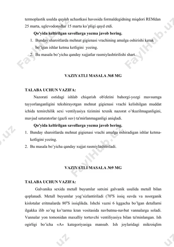 h og’rigi, ta'sirchanlik, ishtaxa yo’qligi va umumiy bo’shashish kabi shikoyatlarni ko‘rsatgan ko‘rikda terapevt va nevropatolog ishtirok etgan. laboratoriya tekshiruvlarida eritropeniya - 3 100 000, leykopeniya-3 500, trombotsitopeniya va limfatsitoz aniqlangan. ish staji 8 yil. metal buyumlari bevosita sexda stol ustida bo’yaladi bo’yoqdan chiquvchi benzol bug’larining havodagi miqdori 45 mg/m3 gacha yetadi (rem-5 mg/m3). sexda umumiy havo olib keluvchi va olib ketuvchi va maxaliy havo tortuvchi mori (stol yuqorisida) o‘rnatilgan. bundan avvaldagi davriy tibbiy ko‘riklar 2 yil avval o’tkazilgan. qo'yida keltirilgan savollarga yozma javob bering. 1. o‘tkazilgan davriy tibbiy ko‘riklarni uzr ssvning №200 buyrug’iga mosligini aniqlang va kamchiliklarni ko’rsating 1. ishlovchi salomatligi xolatini baho bering va ish joyida amalga oshirilishi kerak bo’lgan chora -tadbirni ko’rsating. amaliy ko’nikmalar №1 mg talaba uchun vazifa: shovqinga gigienik baho berish bosqichlarini ketma ketligini ayting amaliy ko’nikmalar №2 mg talaba uchun vazifa: tebranishga gigienik baho berish bosqichlarini ketma ketligini ayting amaliy ko’nikmalar №3 mg talaba uchun …