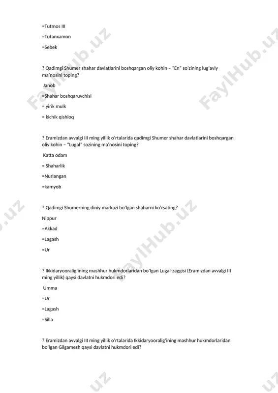 arini “quyoshim” deb sig`ingan xalqni belgilang? xettlar =amariylar =xurriylar =lidiyaliklar ? nineviya shahrini o’z davlati poytaxtiga aylantirgan ossuriya hukmdori qaysi? sinaxxarib =sargon ii =ramzes ii =gudea ? eramizdan avvalgi 671-yilda misr qaysi davlat tomonidan bosib olindi? ossuriya =xett =saba =nubiya ? eramizdan avvalgi 671-yilda misrni bosib olgan ossuriya hukmdorini ko’rsating? asarxaddon =sargon ii =ramzes ii =gudea ? quddusda yaxve sharafiga ilk yakkaxudolik ibodatxonasini qurdirgan isroil-yahudiy podshosini belgilang? sulaymon =sargon ii =ramzes ii =gudea ? eramizdan avvalgi 645-yilda elam kimlar tomonidan bosib olingan? ossurlar =xettlar =inglizlar =hindlar ? midiya poytaxti bo’lgan “ekbatana” qanday ma’noni bildiradi? “majlislar o’rni” = “o’liklar tepaligi” = “qirollik” = “teskari nur” ? midiyaliklar kashtariti rahbarligida kimlarga qarshi qo‘zg‘olon ko‘targan? ossurlar =xettlar =inglizlar =hindlar ? zardushtiylik dini qaysi midiya podshosi davrida rasmiy dinga aylangan? astiag =sargon ii =ramzes ii =gudea ? yunon tarixchisi geradotning yozishicha, midiya davlatining asoschisi deyoka =xatusili ii =ramzes ii =ravoam ? ahamoniylar davlatining so’nggi …