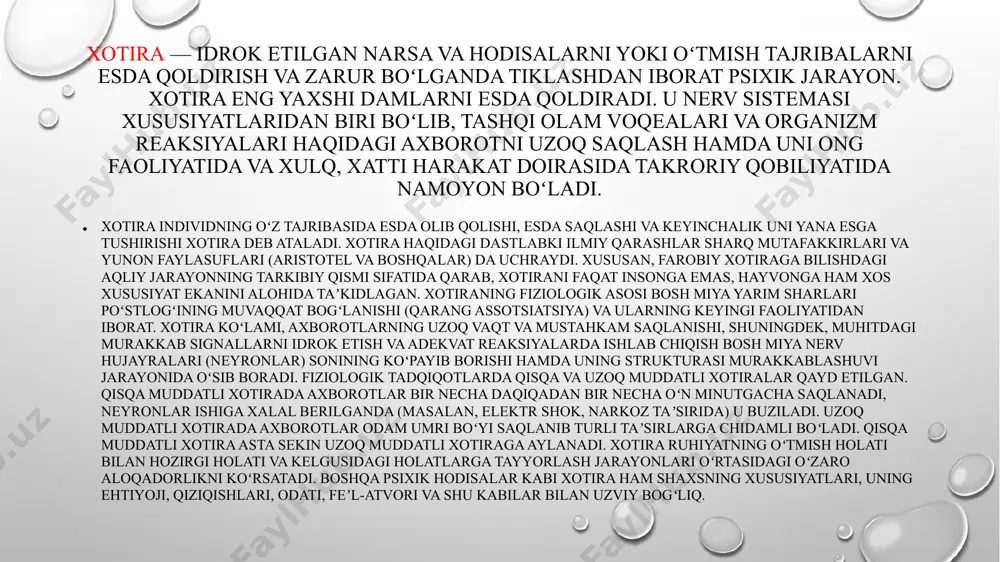 lari, uning ehtiyoji, qiziqishlari, odati, feʼl-atvori va shu kabilar bilan uzviy bogʻliq. xotira – shaxs psixik hayotini belgilab beruvchi xususiyat. uning ahamiyati o‘tmish voqealarini qayd etish bilan cheklanmaydi. axir hozirgi zamondagi hech qanday harakatni jarayonlardan tashqarida tasavvur qilib bo‘lmaydi; eng oddiy psixik aktning sodir bo‘lishida har bir elementni keyingisiga bog‘lash uchun esda saqlab qolish katta ahamiyatga ega. bunday bog‘lanishga layoqatsiz bo‘lgan insonning rivojlanishi mumkin emas. faqat xotira insoniylik madaniyatining yo‘qolib ketmasligiga, tafakkurimizning tadbiq etilishiga va tuyg‘ularimizning kechishiga ko‘mak beradi. bosh miya po‘stlog‘ida paydo bo‘ladigan tashqi olam obrazlariizsiz yo‘qolib ketmaydi. ular uzoq vaqt davomida saqlanib qoladigan iz qoldiradilar. psixikamizdagi xotira ularning zahirasi bo‘lib xizmat qiladi. unda kechadigan barcha jarayonlar mnemik jarayonlar deb ataladi (yunonchadan «mnema» - xotira). shunday qilib, xotira – bu inson tomonidan o‘tmish tajribasini esda olib qolish, saqlash va keyinchalik eslashning psixik jarayoni. inson hayotida xotiraning o‘rni beqiyosdir. xotirasiz inson «abadiy go‘daklik holatida» qolgan bo‘lar edi (i.m. sechenov). s.l. …
