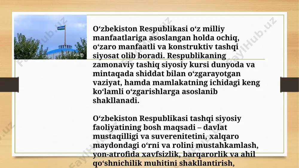 harakatlar strategiyasini samarali amalga oshirishdir. mavzu:o‘zbekiston respublikasi tashqi siyosati reja: o’zbekiston respublikasi tashqi aloqalari davlat boshqaruv tizimi zamonaviy tashqi siyosati e’tiboringiz uchun raxmat! image5.png image6.png image7.png image8.jpg image9.jpg image10.png image11.jpg image12.png image13.jpg image14.png image15.png image16.png image3.png image4.png