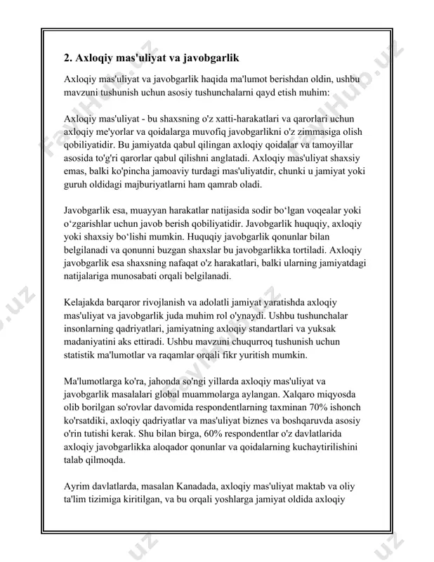 ti-harakatlar ko'plab sohalarda, jumladan, oilada, ish joyida va umuman jamiyatda qanday munosabatda bo'lishimiz kerakligini belgilaydi. 1. **oila sohasida axloqiy xatti-harakatlar**: - oila insonlararo munosabatlarning eng yaqin tarmog'i hisoblanadi. oila a'zolari bir-birini hurmat qilishlari, o'zaro tushunish orqali hamjihatlikda yashashlari zarur. shu bois, jamiyatning sog'lom asoslari oila muhitida shakllanadi. - tadqiqotlarga ko'ra, oilada axloqiy qoidalariga rioya qiluvchi bolalar o'z navbatida jamiyatda ham axloqiy farosatli bo'lib voyaga yetishadilar. 2. **ta'lim sohasida axloqiy xatti-harakatlar**: - maktablarda axloqiy tarbiya darslari orqali o'quvchilarga axloqiy qadriyatlar singdiriladi. pisa xalqaro tadqiqotiga ko'ra, axloqiy tarbiya maktabda o'zlashtiriladigan muhim elementlardan biridir. - o'qituvchilar o'quvchilarga nafaqat ilmiy bilimlar, balki axloqiy me'yorlarni ham o'rgatishi zarur. bu ularning kelajakda axloqiy shaxs sifatida shakllanishiga yordam beradi. 3. **ijtimoiy muomala va aloqalarda axloqiy xatti-harakatlar**: - jamoat joylarida, masalan, transport, savdo markazlari va ko'chada insonlar bir-birlariga nisbatan axloqiy me'yorlarga amal qilishlari lozim. bu o'z navbatida jamiyatda mavjud tartib-intizomni ta'minlashga xizmat qiladi. - o'zbekiston respublikasi qonunchiligida, masalan, …