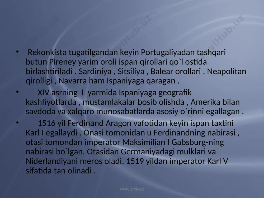 spaniyaning eng boy savdogarlari yashashgan. 100 kemadan ortiq flotiliya muntazam amerikaga qatnab turgan. madinadel kampo yarmarkalari bilan mashhur bo`lgan . u kredit operatsiyalari markaziga aylanadi . iqtisodiy tarqoqlik tufayli mamlakat ichki savdosi rivojlanmaydi . www.arxiv.uz www.arxiv.uz flandriyada tarbiya olgan karl v ispaniyani va ispan tilini bilmagan. 1517 yil flamand maslahatchilari bilan ispaniyaga kirib kelgan 17 yoshli qirol dushmanlarcha qarshi olinadi. qirol kastiliya , aragon va katalon korteslaridan qiyinchilik bilan o`zini qirol deb tan olishlariga erishadi. karl flamandlarga imtiyozlar va daromadli lavozimlarni tarqatadi . karlning imperator etib saylanishi va germaniyaga ketishi norozilikni kuchaytiradi . yangi subsidiya olish uchun 1519 yil chaqirilgan korteslar karlning ispaniyadan tashqarida uch yildan ortiq bo`lmasligini , mablag`ning olib chiqib ketilishiga chek qo`yishni va chet elliklarga lavozimlar berishni to`xtatishni talab qiladilar . qirol va`da berib , subsidiya olishga muvaffaq bo`ladi . www.arxiv.uz www.arxiv.uz 1520 yil mayda karl niderlandiyadan olib kelgan kardinal adrian utrextni noib etibtayinlab, ispaniyadan chiqib ketadi …