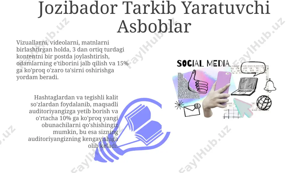 auditoriya tahlili (demografik ko'rsatkichlar, qiziqishlar), raqobat tahlili va mazmun formatlarining (video, rasm, hikoya) optimal nisbatini aniqlash. ijtimoiy media tarkib rejasi kamida 3 oylik davrni qamrab olishi va haftalik, oylik postlar soni, mavzulari va nashr vaqtlari kabi tafsilotlarni o'z ichiga olishi kerak. analitika va natijalarni tahlil qilish postlarning ko'rsatilishi va ulashlari soni o'rtasidagi korrelyatsiya koeffitsiyenti 0.75 ni tashkil etib, yuqori darajadagi bog'liqlikni ko'rsatadi va maqsadli auditoriyaga yetishda yaxshi natijalarga erishildi. ijtimoiy media kontentining analitikasi orqali 5000 dan ortiq foydalanuvchining munosabatini tahlil qilib, 30% ga yaqinining kontentga ijobiy munosabat bildirganini aniqladik. vizual tarkibning ahamiyati 01 02 instagramdagi postlarning 90% dan ortig'i vizual tarkibga asoslangan. bu, vizual tarkibning ijtimoiy mediada qanchalik muhimligini ko'rsatadi va auditoriyaga ta'sir qilishning samarali usuli hisoblanadi. vizual tarkib, masalan, yuqori sifatli rasmlar va videolar, o'qishni 65% ga oshiradi va 3 marta ko'proq yoqtirish va sharhlarni oladi. bu tarkibni yaxshiroq eslab qolishga yordam beradi. sales 1st qtr 2nd qtr 100 …