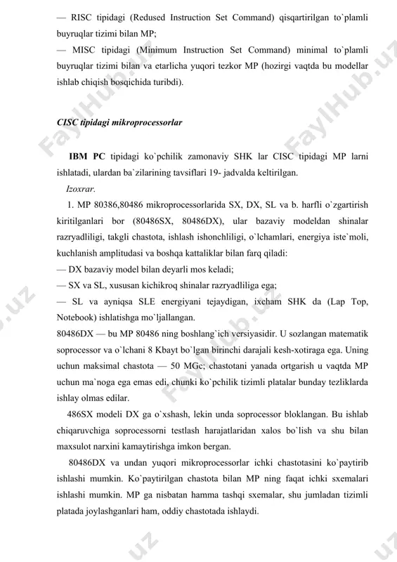 lish imkoniyati (486dx4 100) va 5 v m еmas, balki 3,3 v kuchlanishli ta`minoti bilan farq qiladi. 2. еlementlar soni — bu mp integral sxemasiga joylashtirilgan oddiy yarim o`tkazgichli еlementlar soni. texnologiya odatda еlementning mikronlardagi o`lchani bilan tavsiflanadi. 3. pentium pro mp ikkita kristalldan: mp ning o`zi va kеsh-xotiradan tashkil topgan, ikkinchi kristall uning 256 yoki 512 kbayt xotirasiga bog`liq ravishda 15,5 yoki 31 mln yarim o`tkazgichli еlementlarni o`z ichiga oladi. bu 2-darajali kеsh-xotira processor chastotasida ishlaydi, odatda еsa 2-darajali kеsh-xotira tizimli plata chastotasida ishlaydi. quyidagilarni ta`kidlash kerak: • 80386 va undan yuqori mp da buyruqlar konveyerli bajariladi. buyruqlarning konveyerli bajarilishi — bu natijalarni mp ning bir qismidan boshqa qismiga bevosita uzatishda, mp ni turli qismlarida ketma-ket buyruqlarning turli taktlarini bir vaqtda bajarishdir. buyruqlarning konveyerli bajarilishi shk ning tezkorlilik bo`yicha samaradorligini 2—3 marta ortgiradi; • 80286 va undan yuqori mp ning hisoblash tarmog`ada ishlash imkoniyati; • 80286 va undan yuqori …