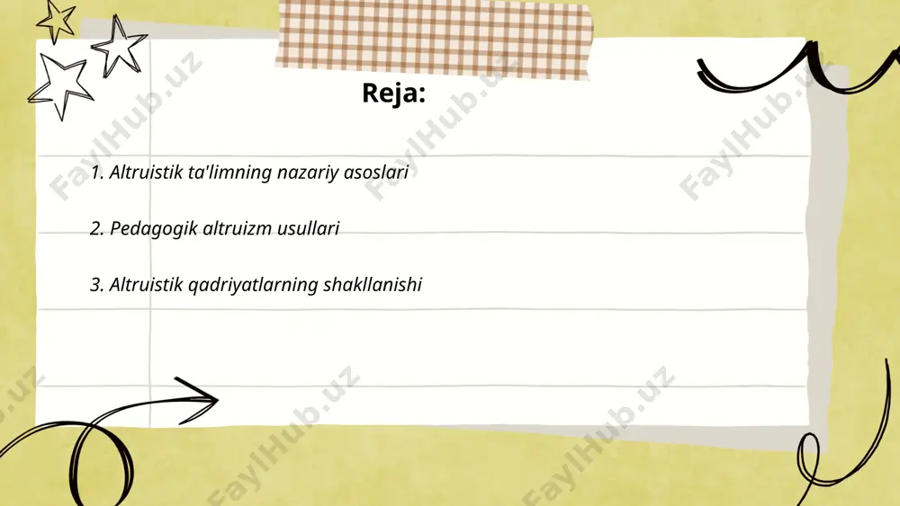li 10% ko‘proq o‘zaro yordam va hurmat ko‘nikmalari shakllanadi. ... t.me/slaydai_bot altruistik qadriyatlar shakllanishi ijtimoiy, psixologik va madaniy omillarga bog'liq. jamiyatdagi oilaviy tarbiya, ta'lim va diniy qarashlar altruistik xulqni shakllantirishda muhim rol o'ynaydi. psixologiyaga ko'ra, altruistik qadriyatlar ko'pincha bolalikda, ota-onalar va yaqinlar orqali shakllanadi. bir tadqiqotga ko'ra, bolaning altruistik xulqini rivojlantirishda ota-onalarning 80% o'rnak vazifasini bajarishi aniqlangan. shuningdek, mahalliy madaniyatlar va diniy ta'lim ham altruizmga e'tibor qaratadi. statistika shuni ko'rsatadiki, aholining 60% altruistik qadriyatlarga ega odamlar bilan muloqotda bo'lish orqali o'z qadrlar tizimini shakllantiradi. ta'lim muassasalari orqali jamiyat uchun foydali bo'lgan qadriyatlarni singdirish ham muhimdir. ... t.me/slaydai_bot 4. talabalarda ijtimoiy mas'uliyatni rivojlantirish talabalarda ijtimoiy mas'uliyatni rivojlantirish ko'p omillarni o'z ichiga oladi. 2022 yildagi o'zbekiston respublikasi ta'lim vazirligi tadqiqotlariga ko'ra, talabalarning 65% ijtimoiy loyihalarda ishtirok etish orqali mas'uliyatni rivojlantirmoqda. 35% talaba esa universitet va kollejlar tomonidan tashkil etilgan ijtimoiy amaliyot dasturlarida ishtirok etadi. ijtimoiy mas'uliyatli dasturlar talabalar orasida 50% sog'lom turmush …