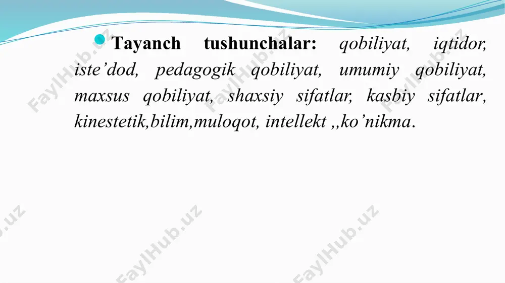 erishi, o’quvchilarda mustaqil ravishda faol fikrlashga qiziqish uyg`ota olishi ko’zda tutiladi. 2. akademik qobiliyat – barcha fanlar yuzasidan muayyan bilimlarga ega bo’lishlik. bunday qobiliyatlarga ega bo’lgan o’qituvchi o’z fanini o’quv kursi hajmidagina emas, balki ancha keng va chuqurroq biladi, o’z fani sohasidagi yangiliklarni kuzatib boradi. 3. pertseptiv qobiliyat – qisqa daqiqalarda o’quvchilar holatini idrok qila olish fazilati, bu o’quvchining, tarbiyalanuvchining ichki dunyosiga kira olish qobiliyati, o’quvchi shaxsini va uning vaqtinchalik ruhiy holatlarini juda yaxshi tushuna olish bilan bog`liq bo’lgan psixologik kuzatuvchanlikdir. 4. nutqiy qobiliyat – ixcham, ma’noli, ohangdor, muayyan ritm, temp, chastotaga ega bo’lgan nutq, shuningdek, o’qituvchi nutqining jarangdorligi, uning pauza, mantiqiy urg`uga rioya qilishi, qobiliyatli o’qituvchining nutqi darsda hamisha o’quvchilarga qaratilgan bo’ladi. 5. tashkilotchilik qobiliyati – sinf-guruh yoki jamoani uyushtirish va uni boshqarish iste’dodi. tashkilotchilik o’quvchilarni xilma-xil faoliyat turiga jalb qilish uchun asos hisoblanadi. bu qobiliyat, birinchidan o’quvchilar jamoasini uyushtirish, jipslashtirish, muhim vazifalarni hal etishga ruhlantirish bo’lsa, ikkinchidan, o’z …