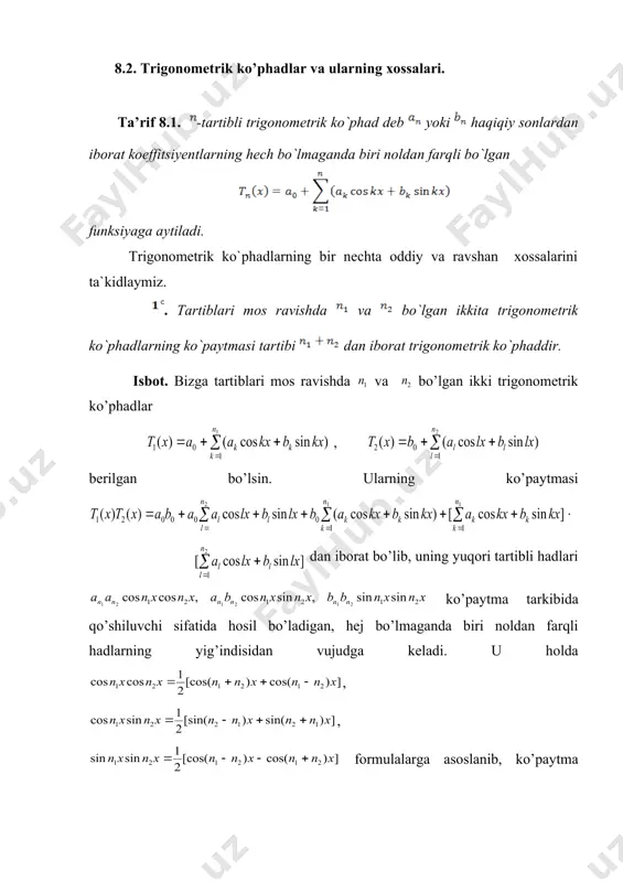 otlang. 8.3. trigonometrik ko’phadning noekvivalent ildizlari. endi biz trigonometrik ko`phadning mumkin bo`lgan nollarining soni bilan shug`ullanamiz. agar trigonometrik ko`phadning noli bo`lsa, u holda ixtiyoriy uchun ham nol bo`ladi. bu nollar (ildizlar) ga ekvivalent hisoblanadi. umuman, son o`qining ikki va nuqtalari biror butun uchun munosabatni qanoatlantirsa, ular ekvivalent deyiladi. ta’rif 8.2. agar funksiya nuqtada -tartibgacha hosilalarga ega va , bo`lsa, u holda nuqta funksiyaning -tartibli noli (ildizi) deyiladi, yangi mavzuni mustahkamlash (10 minut): talabalar bilan mavzu yuzasidan savol-javob o’tkazish, oson yechiladigan misollar so’rash, tushunilmagan tasdiq, teorema va formulalarni qayta izohlash va misollar asosida tushuntirish. uy vazifasini berish va baholash (5 minut): mavzuni o’qish va konspekt qilish, tayanch iboralarni yodlash hamda ma’nosini tushunish, muammoli topshiriqlarga mustaqil javob berishni tayinlash. dars davomida faol qatnashgan talabalarni ta’kidlash va yanada faolroq bo’lishga chorlash. qo’yilgan ballarni e’lon qilish. adabiyotlar 1. г.е. шилов . математический анализ. конечномерые линейные пространства . м. из-во, “ наука” , 1969. 432 …