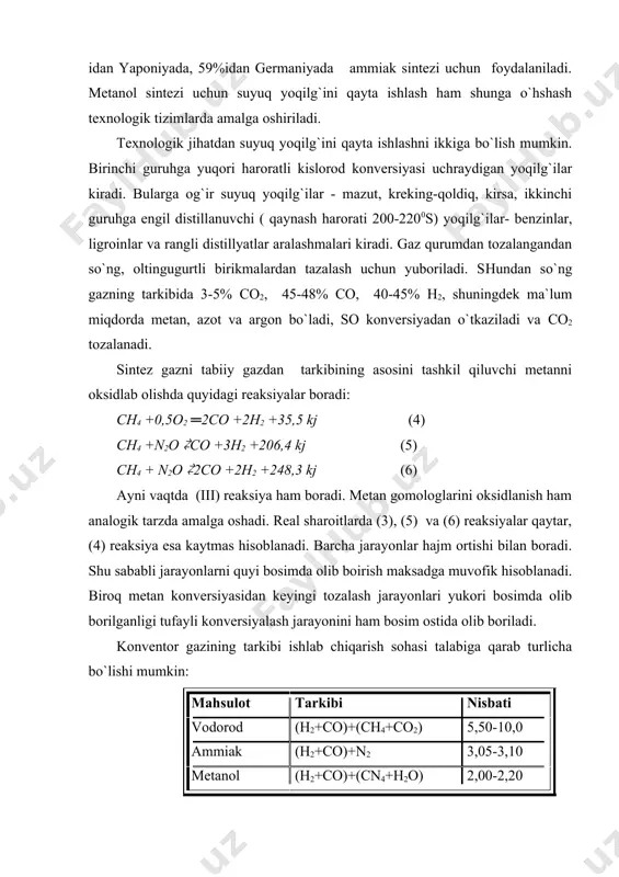 itik konversiyalash orqali hosil qilish mumkin. quyidagi rasmda zamonaviy qurilmalarda tabiiy gazdan sintez gaz olishning texnologik bosqichlari o`rtasidagi aloqa keltirilgan: tabiiy gaz qazib olingan vaqtda uning tarkibida ko`pgina miqdorda noorganikva organikoltingugurtli birikmalar bo`ladi. noorganikbirikmalardan tabiiy gaz tarkibida faqat vodorod sulfid bo`ladi. organikoltingugurtli birikmalar tabiiy gaz tarkibida turli – tuman bo`ladi. bular: uglerodoksisulfid cos, karbosulfid cs2, tiofen c4h4s, sulfidlar r2s, disulfidlar r2s2, merkaptanlar rhs (metilmerkaptan ch3sh, etilmerkaptan c2h5sh, og`ir merkaptanlar, masalan,c6h5sh). o`tqazilgan ko`pgina tadqiqotlar asosida aniqlanishicha moleqo`lyar massa qancha katta bo`lsa, uni gaz tarkibidan tozalash shuncha qiyin kechadi. eng qiyin tozalaniladigan oltingugurtli organikmodda - tiofen ekan. shuningdek sulfidlar va merkaptanlar ham qiyin tozalaniladi. kislorod va oltingugurt moddalarining izlari juda kam miqdori bo`lganda ham zararli bo`lib, katalizatorni zaharlaydi. shuning uchun bu gazdarni ayni aralashmalardan tozalash - eng qiyin vazifalardan hisoblanadi. tozalashdan oldin oltingugurtli birikmalar vodorod sulfidgacha gidratlanadi va hosil bo`lgan vodorod sulfid ammiakli suv, etanolamin va karbonatlar eritmasiga yutiladi. tozalanib chiqqan gazning …