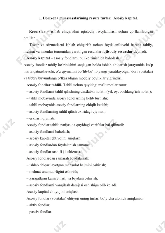 lash formulasi pf = r reja x f rejaning hajmi pf – ehtiyoj; r reja – rejalashtirilayotgan savdo hajmi; femk. reja – rejalashtirilayotgan yil uchun asosiy fondlar qiymati. asosiy vositalarning samaradorlik kursatkichlari korxona xo‘jalik faoliyatiga baho berishning muhim ko‘rsatkichlaridan biri sifatida olinadi. asosiy vositalardan (av) foydalanish samaradorligi darajasidan umuman ishlab chiqarish samaradorligi kelib chiqadi. asosiy vositalardan qanchalik ko‘p foydalansa, shunchalik ko‘p mahsulot chiqariladi, uning tannarxi arzonlashadi, mehnat samaradorligi, foyda va rentabellik yuqori bo‘ladi. asosiy vositalardan foydalanish samaradorligini ifodalovchi ko‘rsatkichlarga: av mahsuldorligi, av daromadliligi, av rentabelligi, mashina va uskunalar quvvatlaridan foydalanish koyeffitsiyenti kiradi (5-jadval). 2. aylanma kapital, uning tarkibi va tuzilishi. aylanma kapital – xo‘jalik jarayonining me’yorida bo‘lishini ta’minlash maqsadida aylanma mablag‘lar va muomala mablag‘larining hosil bo‘lishi va ishlatilishini ta’minlovchi pul ko‘rinishidagi qiymat. 3. aylanma mablag’. aylanma mablag‘lar – tabiiy ko‘rinishini saqlab qolmay, qiymatini to‘liq tayyor mahsulotga o‘tkazadigan, yangi ishlab chiqarish jarayonida to‘liq qo‘llaniladigan ishlab chiqarish vositasi. aylanma mablag‘lar tarkibiga quyidagilar …